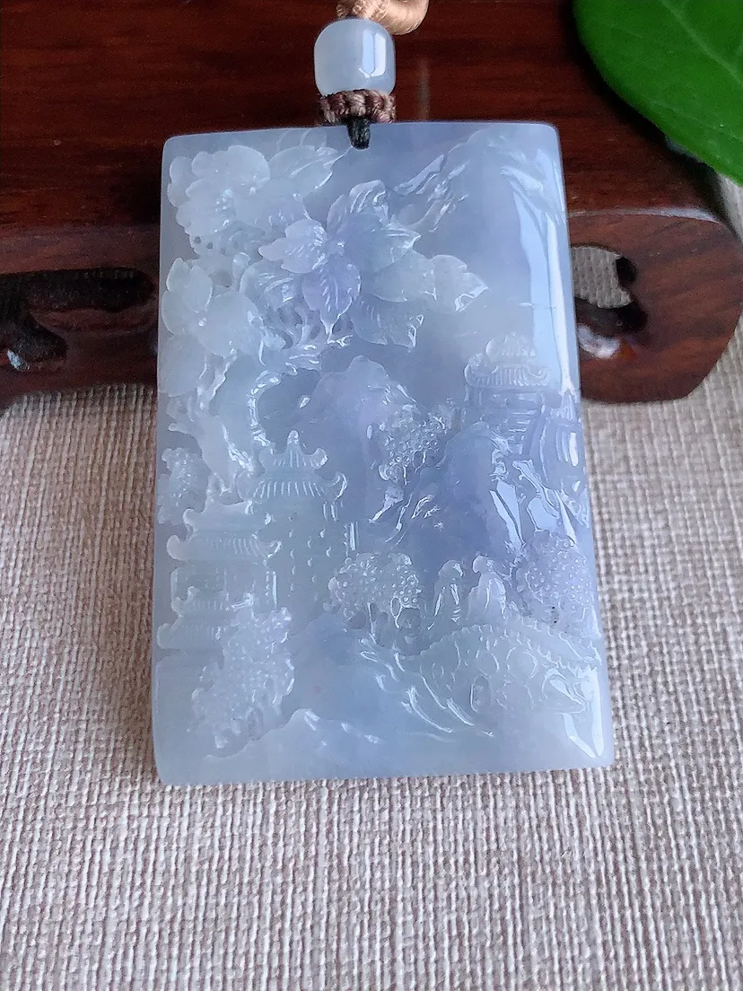 天然A货翡翠紫罗兰意境山水牌吊坠 尺寸55.3×37×9.6m量55.20g 0625