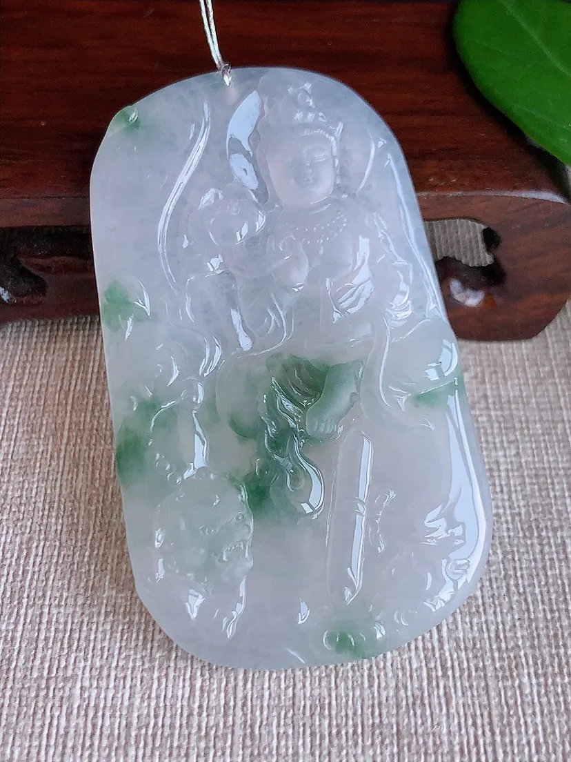 天然A货翡翠飘花文殊菩萨吊坠尺寸65.2×37.6×5m量31.35g 0625