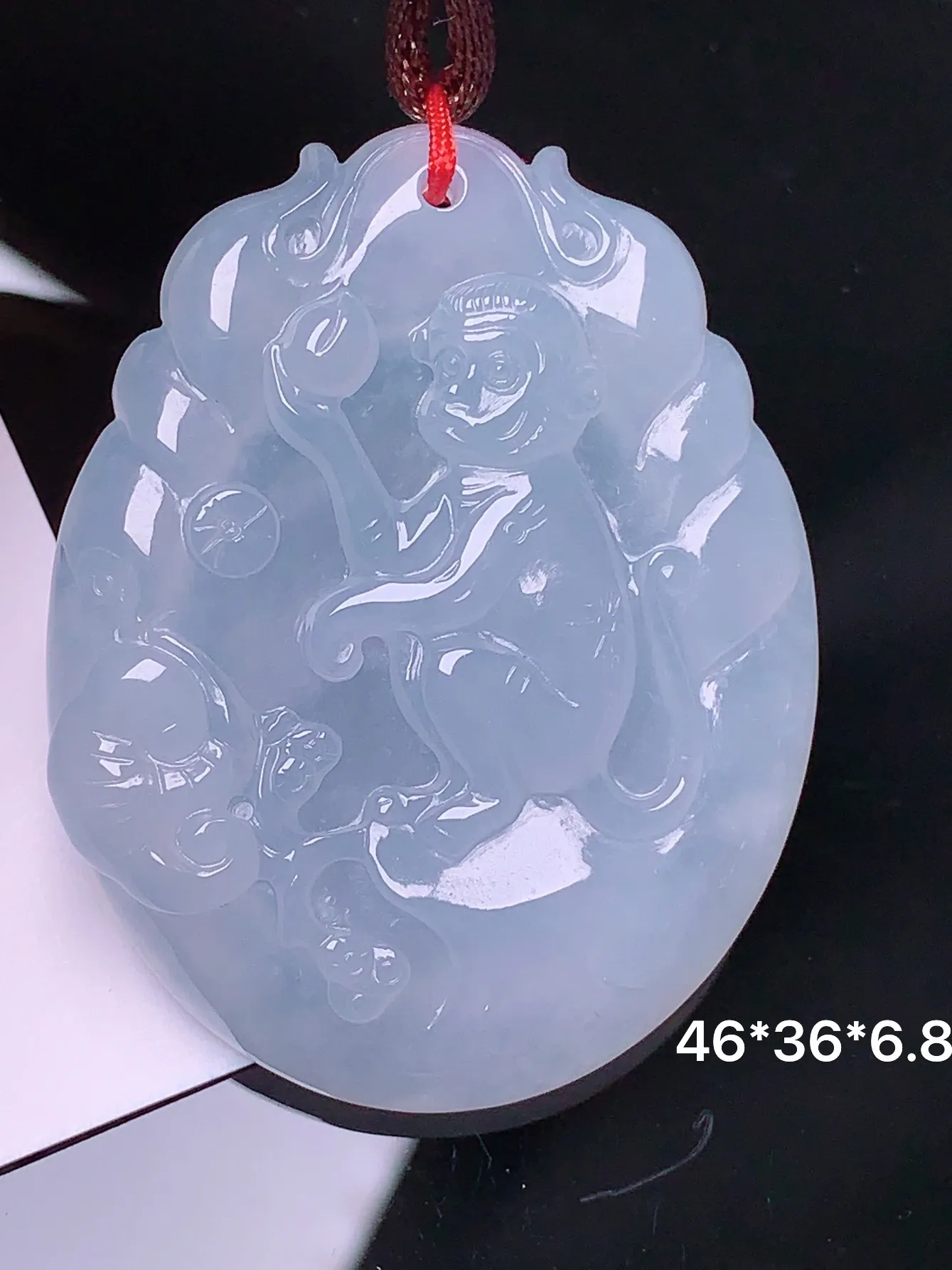 冰种灵猴献寿吊坠 玉质细腻 色泽艳丽  整体尺寸46*36*6.8