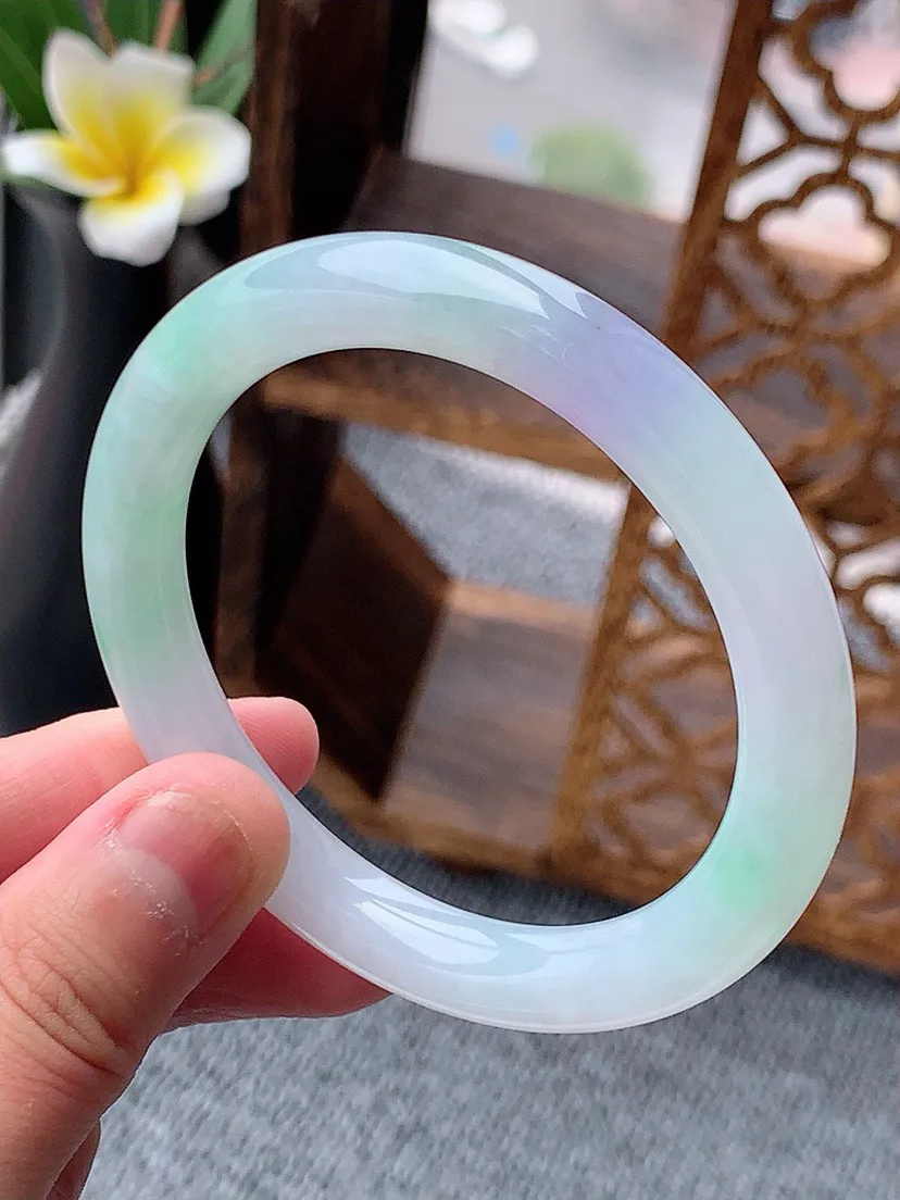 a货翡翠老坑春彩紫罗兰飘绿圆条手镯54-55圈口 尺寸54×8.5mm 重量40.79g 0531