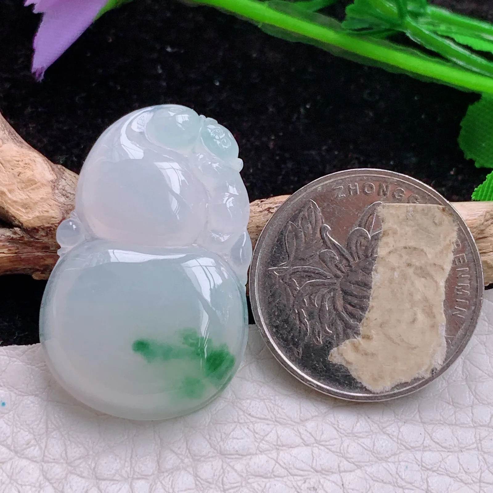 xqa实拍34.6*22*5.8天然翡翠胶感飘花葫芦 玉葫芦玉吊坠 玉挂件