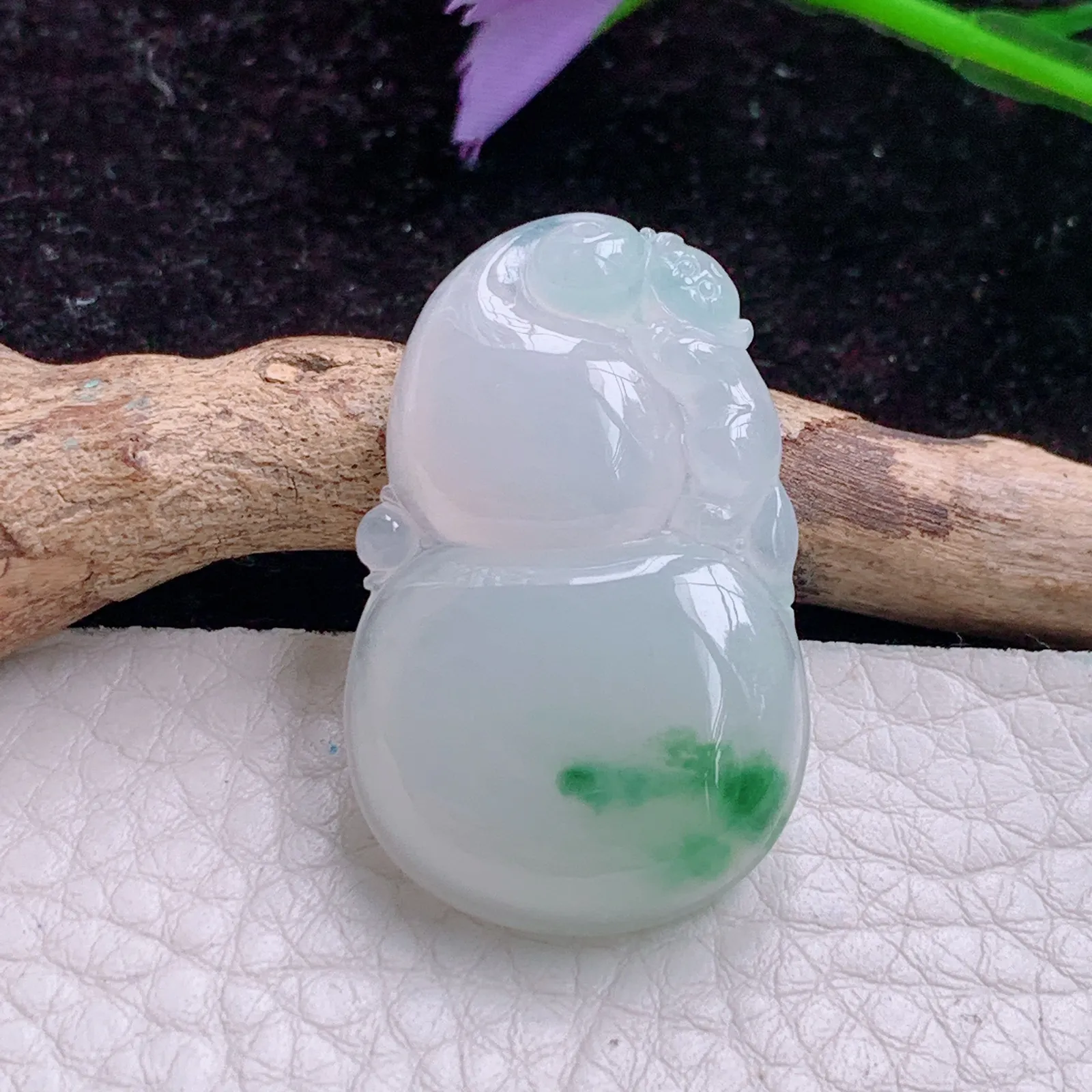 xqa实拍34.6*22*5.8天然翡翠胶感飘花葫芦 玉葫芦玉吊坠 玉挂件