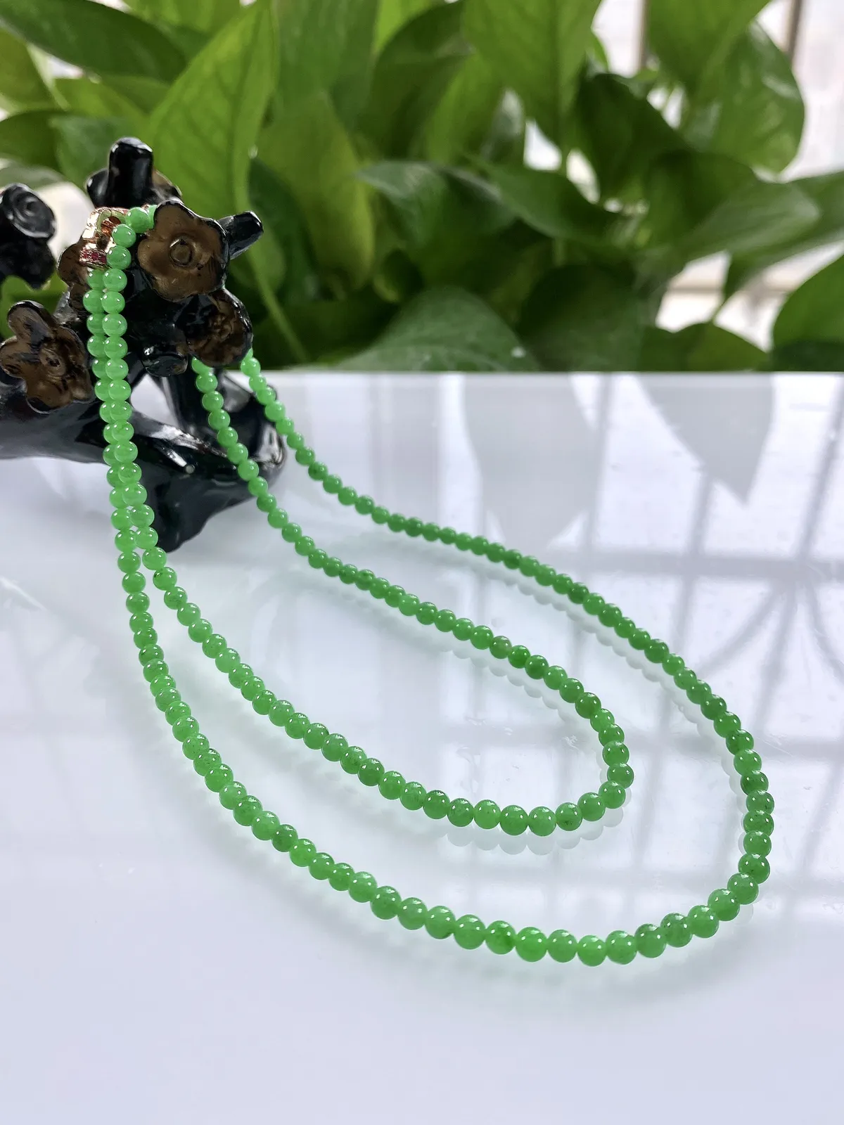 缅甸天然翡翠A货，冰种满绿阳绿小米圆珠项链手链，尺寸：3.6mm/180颗，长度600mm，重量：1