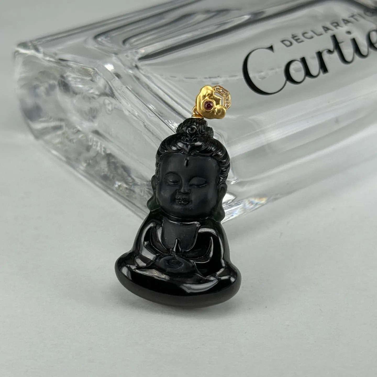 精品18k墨翠宝宝佛 种好色正 黑度极好 打灯通透 油性十足 尺寸38.2