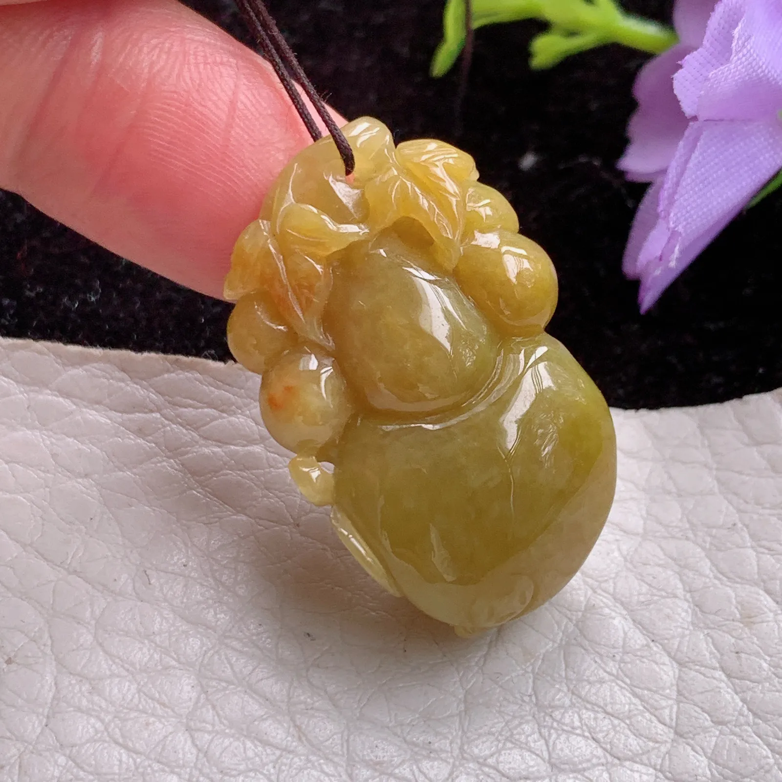 ajj实拍32.5*20*13.6缅甸翡翠精雕胶润黄翡葫芦 玉葫芦玉吊坠 玉挂件