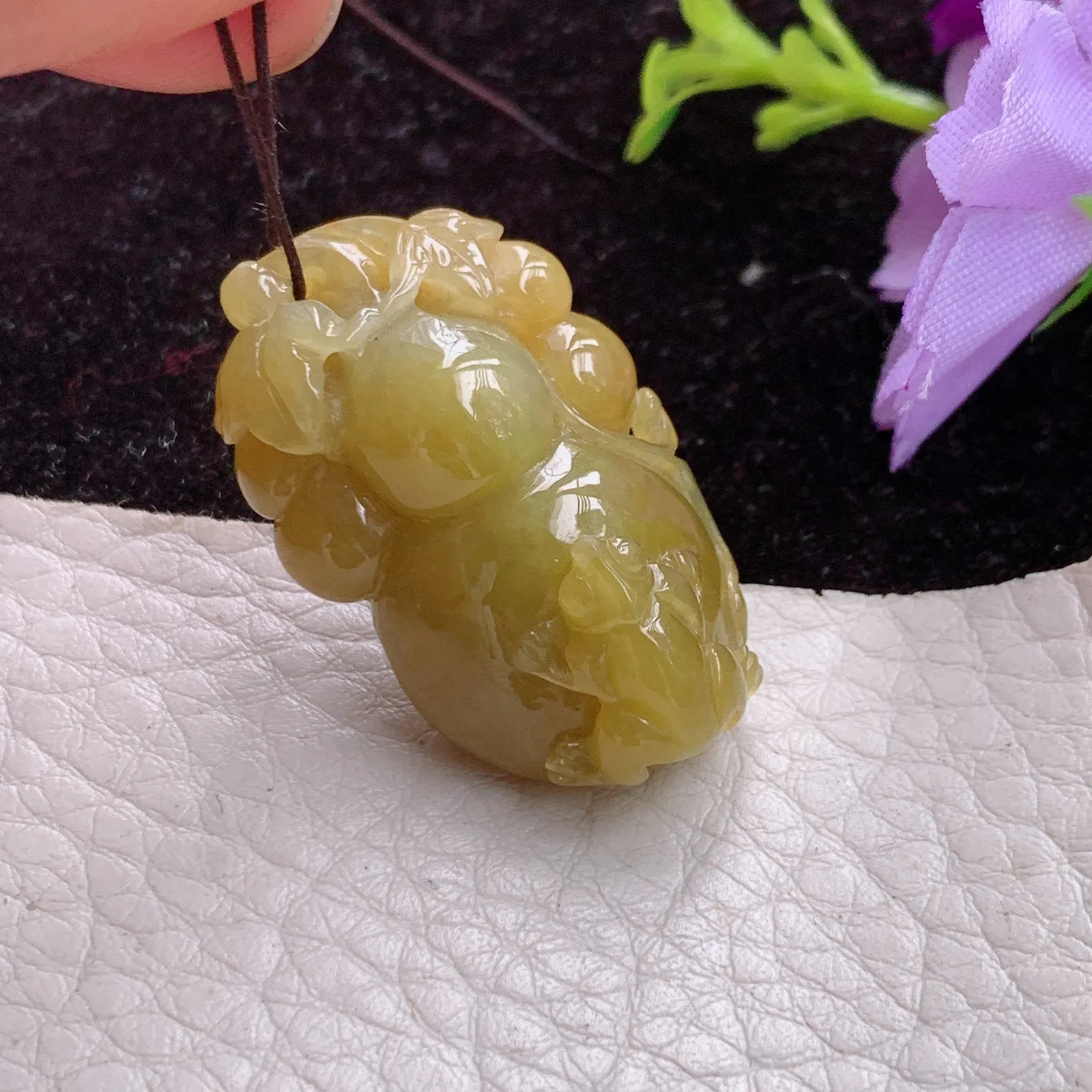 ajj实拍32.5*20*13.6缅甸翡翠精雕胶润黄翡葫芦 玉葫芦玉吊坠 玉挂件
