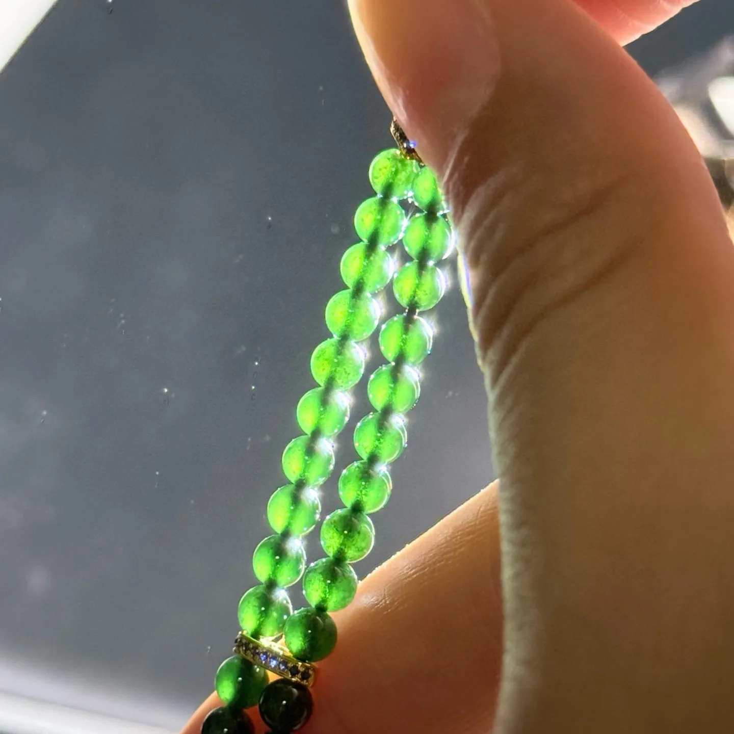 精品18k墨翠小米珠手链 种好色正 打灯通透 油性十足 尺寸4.1