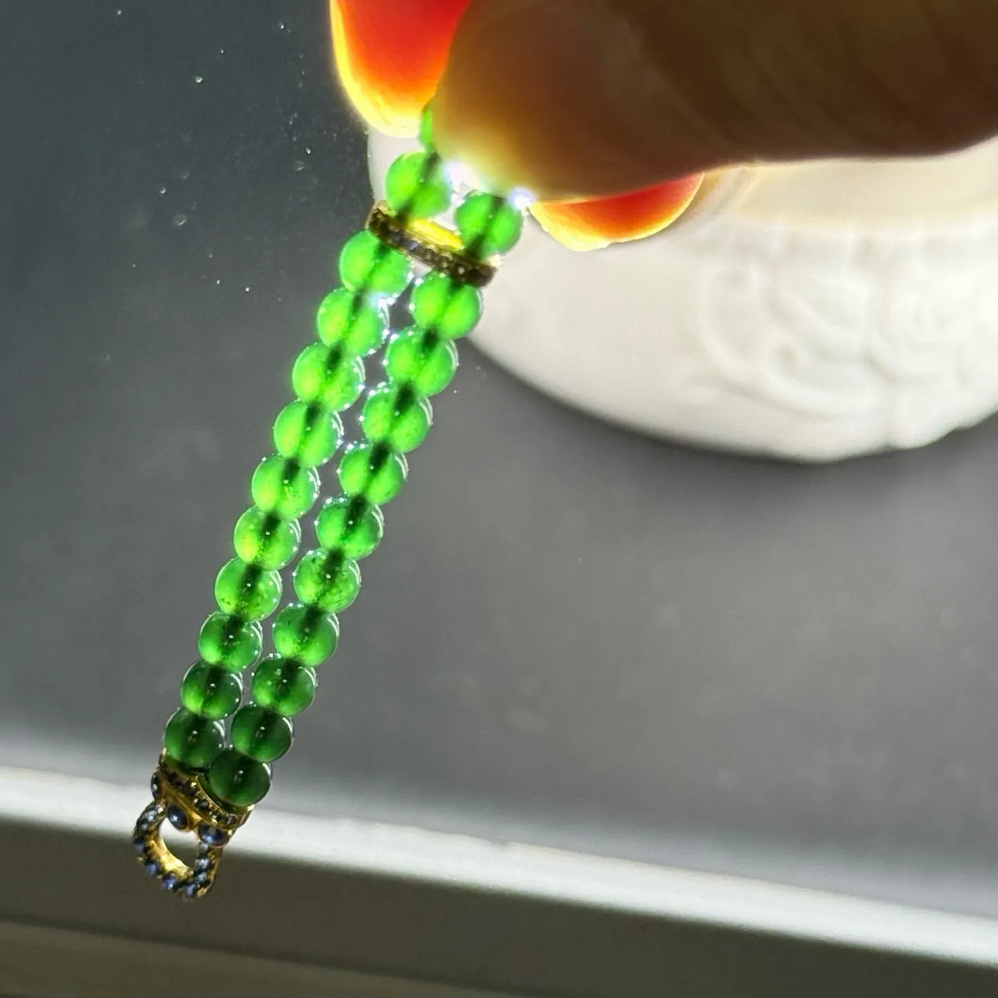 精品18k墨翠小米珠手链 种好色正 打灯通透 油性十足 尺寸4.1