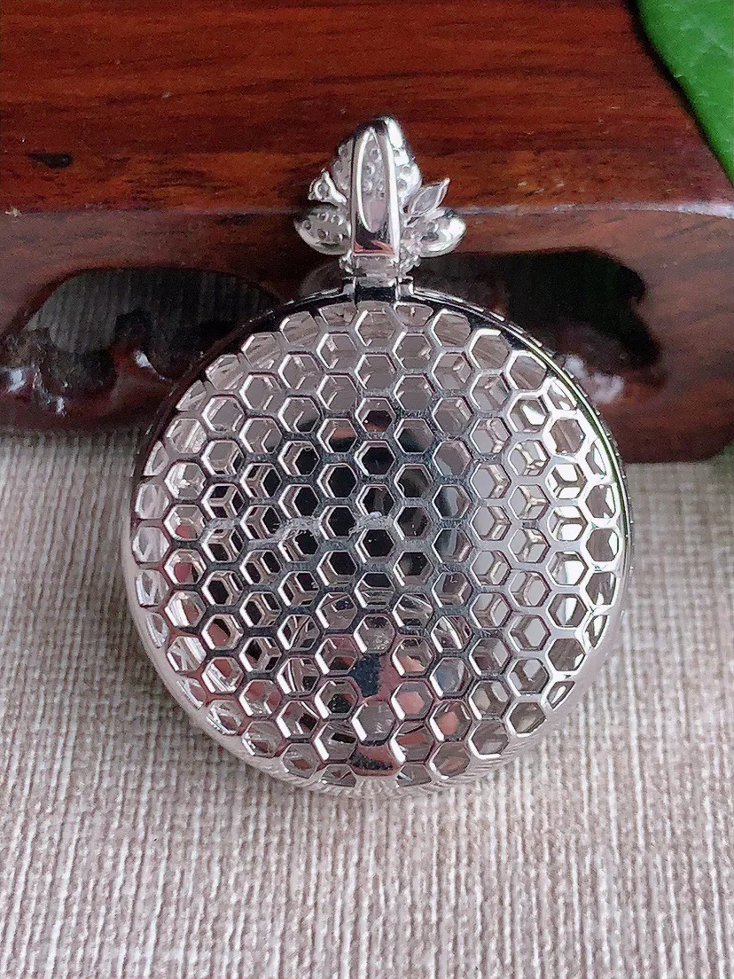 a货翡翠老坑冰种18K金伴钻镶嵌飘阳绿平安扣吊坠 尺寸43×32×9.2mm 重量18.50g 0603