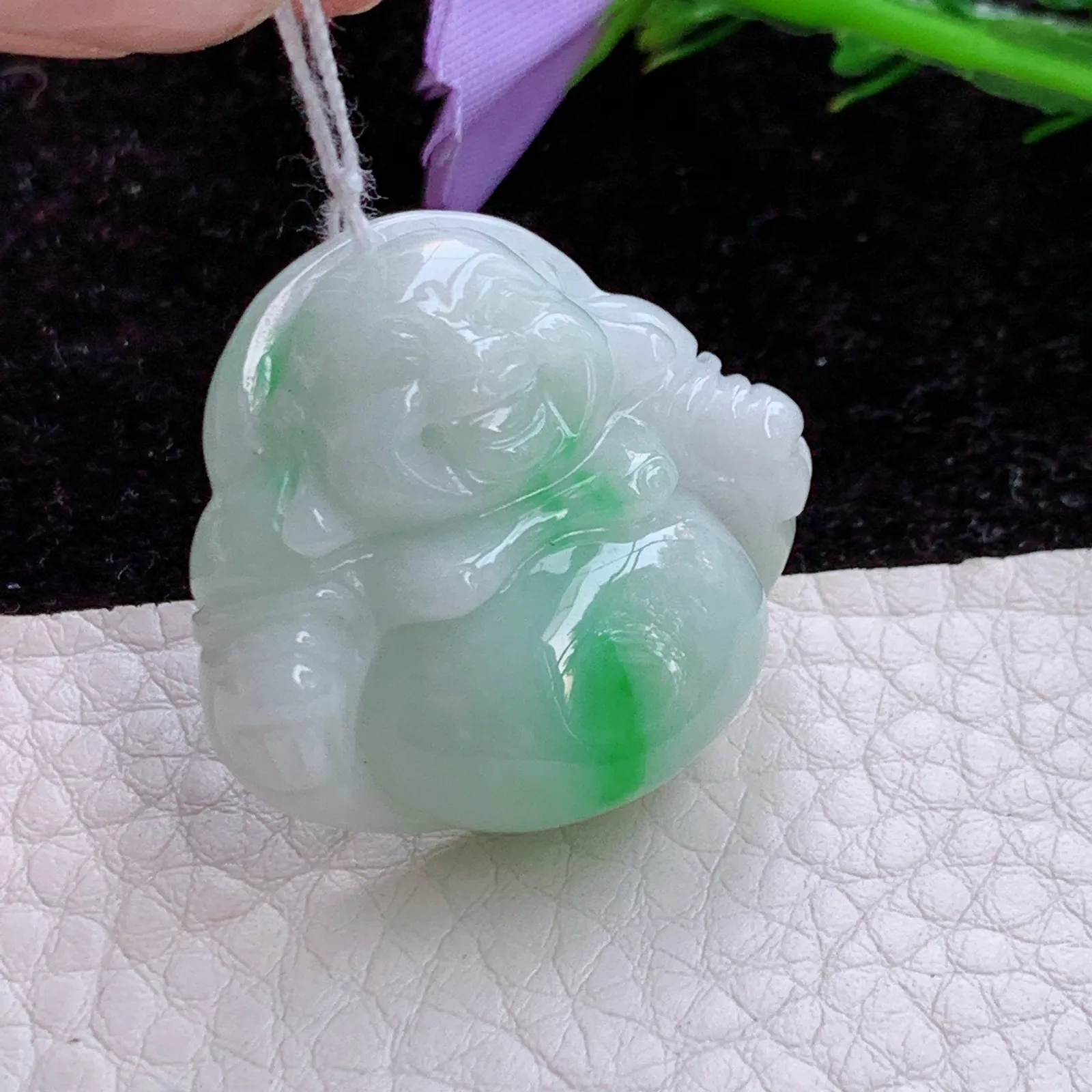 Zen实拍27*30.4*10缅甸翡翠飘绿小佛公 开心佛玉吊坠 玉挂件