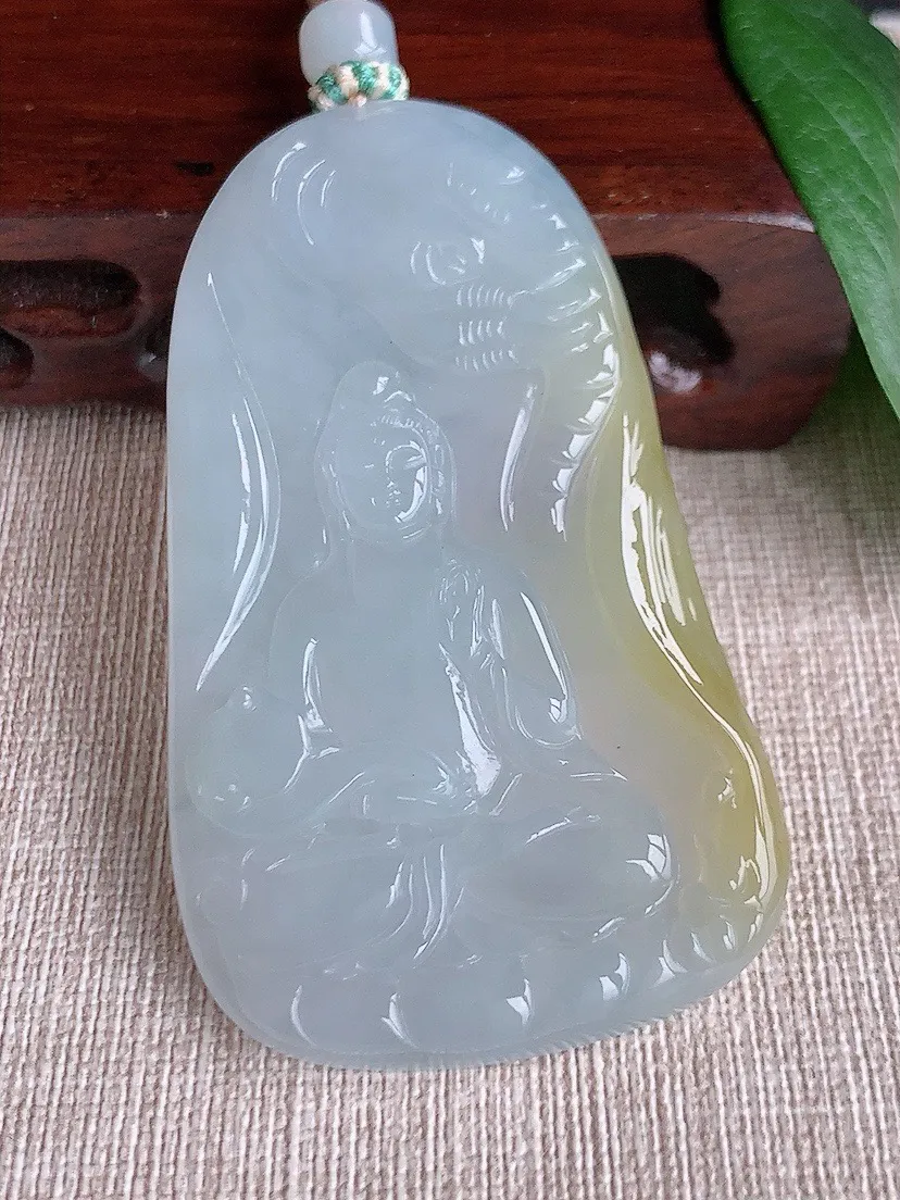 a货翡翠老坑冰种飘黄翡普贤菩萨吊坠 尺寸68.7×40.2×5.3mm 重量39.16g 0603