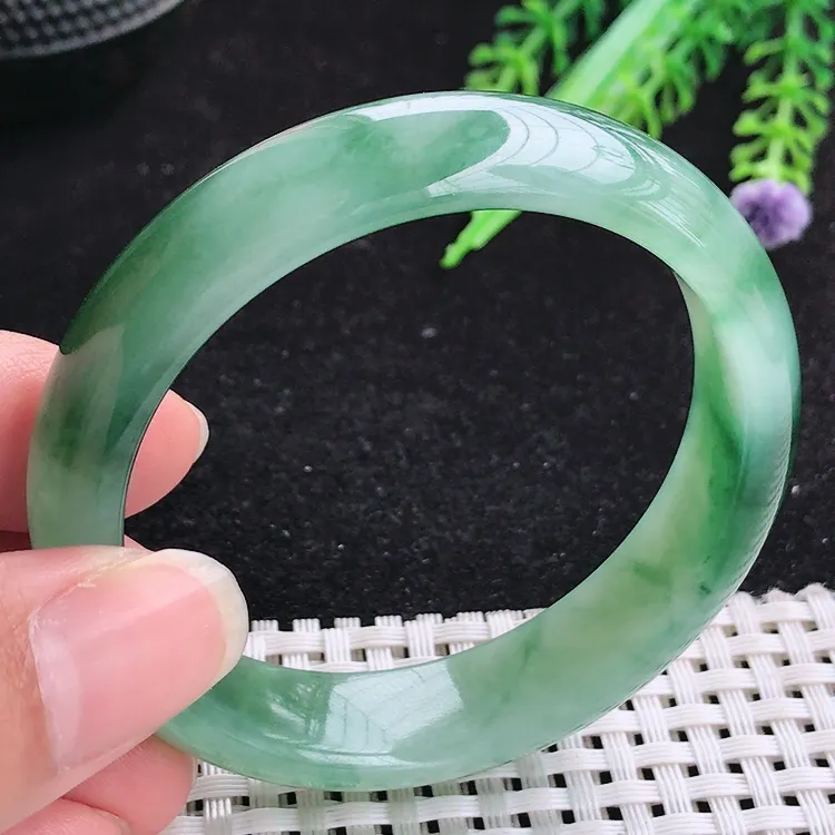 自然光52圈口老坑精美冰润满色飘花手镯翡翠玉镯尺寸52/13.5/7