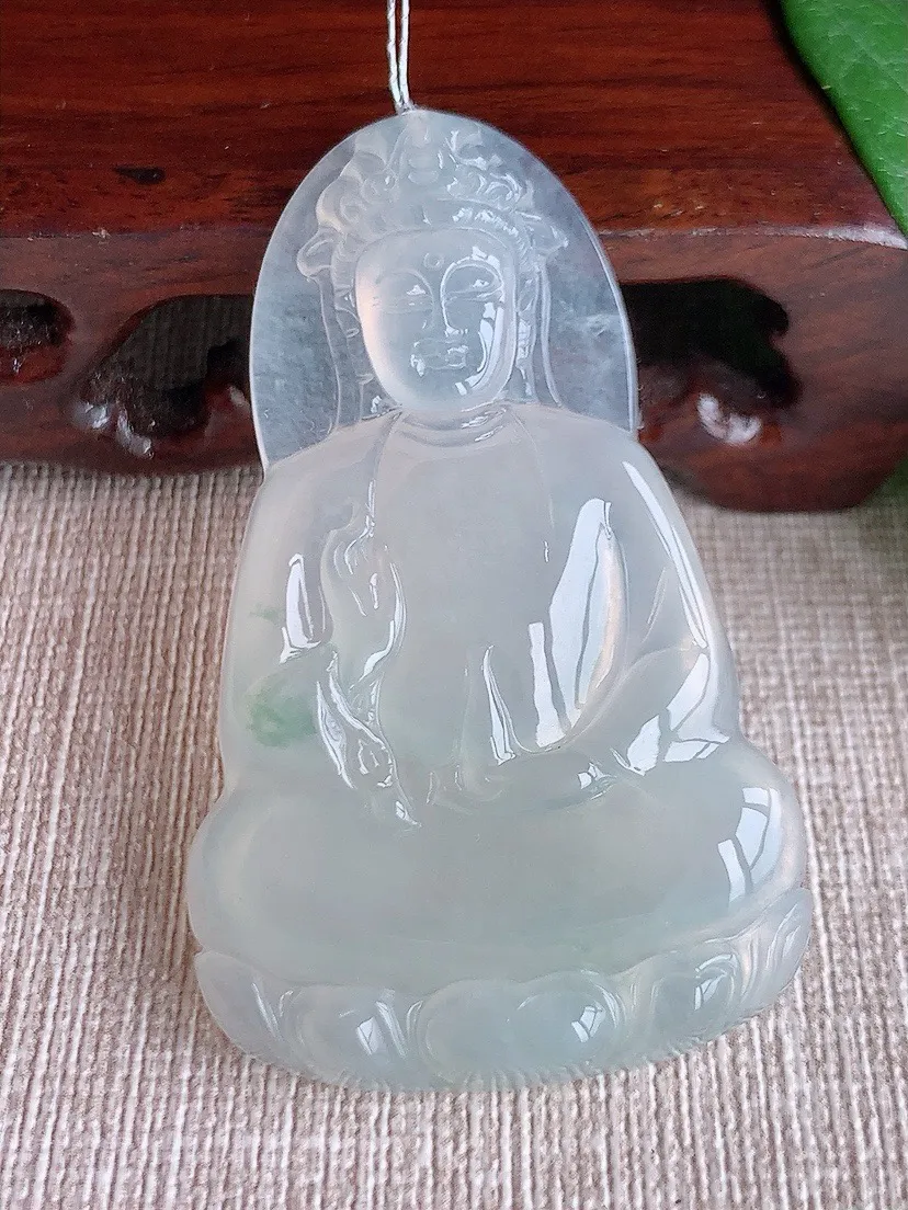 a货翡翠老坑冰种飘花素衣观音吊坠 尺寸56×34×5.2mm 重量19.32g 0603