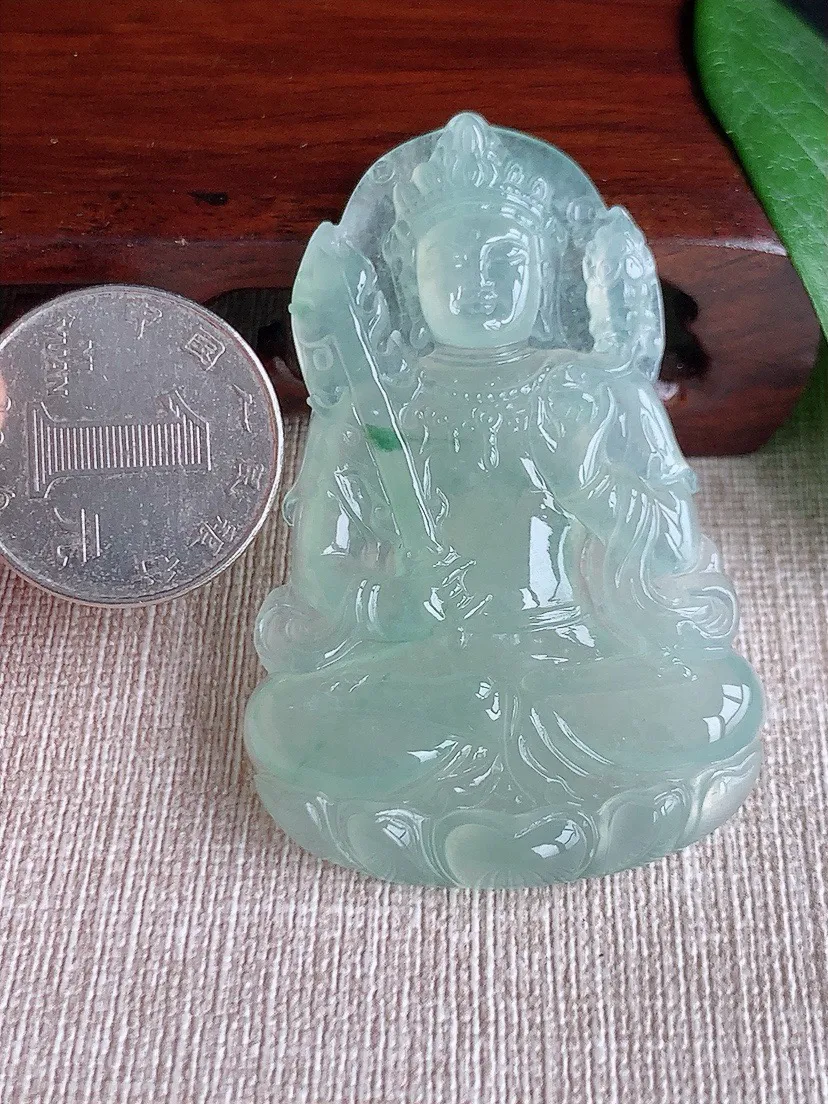 a货翡翠老坑冰种晴水飘花虚空藏菩萨吊坠 尺寸59.3×38.4×5.6mm 重量23.97g 0603
