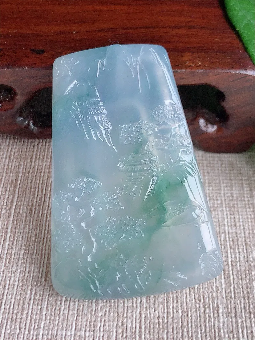 a货翡翠老坑冰种紫底飘花意境山水牌吊坠 尺寸49.3×32.3×5.4mm 重量22.76g 0603