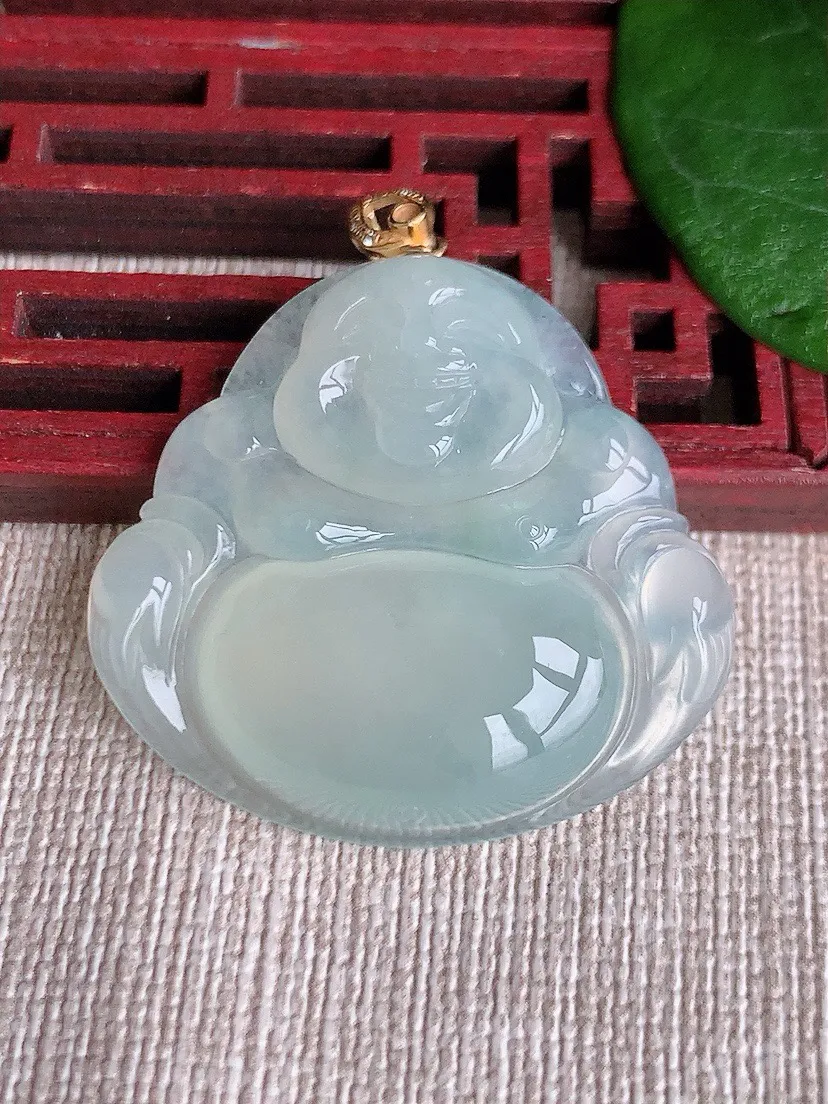 a货翡翠老坑冰种18K金扣头晴水佛公吊坠 尺寸32×34.3×6.3mm 重量10.88g 0603
