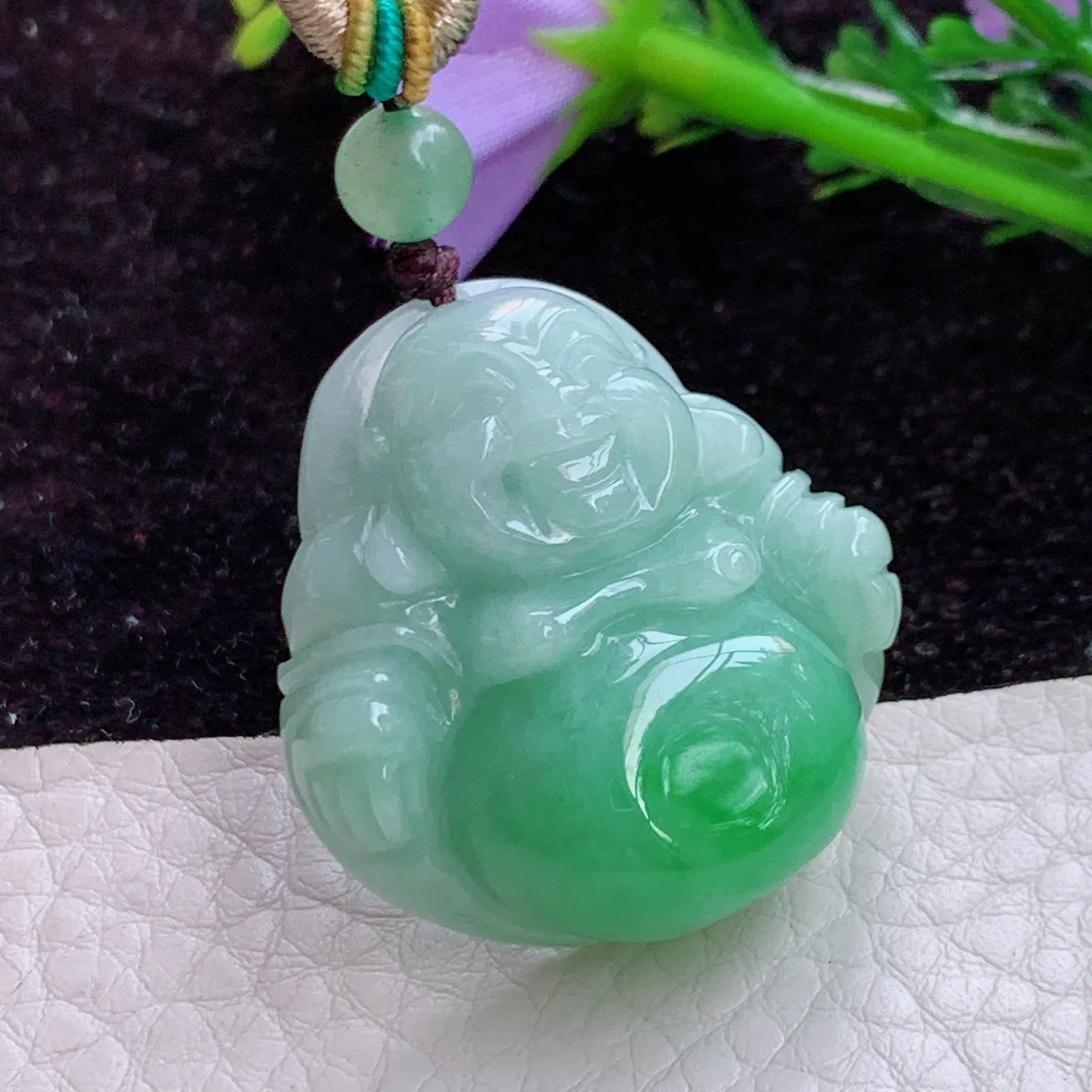 Zen实拍32*30.5*11.8缅甸翡翠辣阳绿佛公 开心佛玉吊坠 玉挂件
