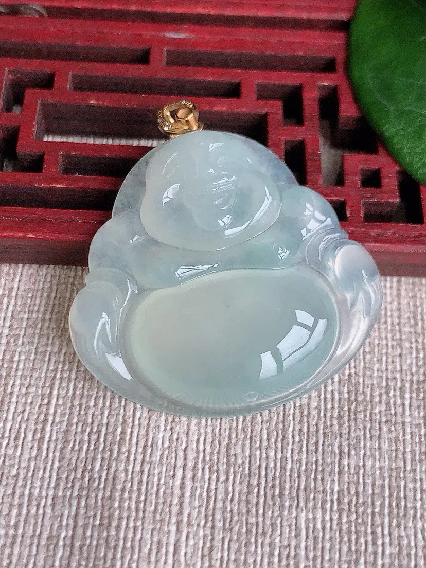 a货翡翠老坑冰种18K金扣头晴水佛公吊坠 尺寸32×34.3×6.3mm 重量10.88g 0603
