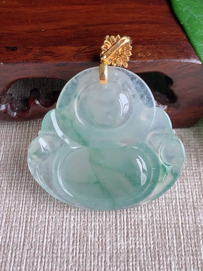 a货翡翠老坑冰种18K金伴钻镶嵌飘花佛公吊坠 尺寸43×33×36.6×6.4mm 重量12.96g 0603