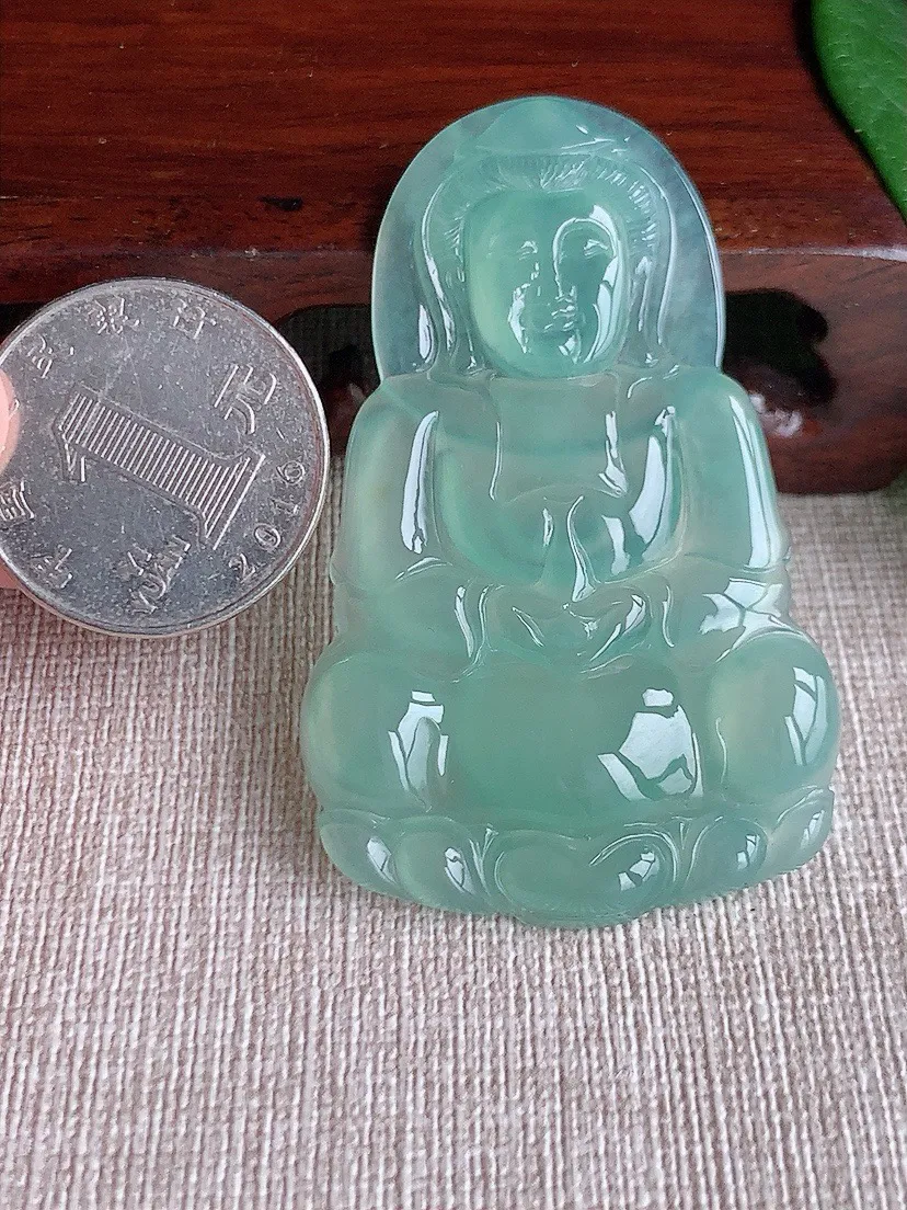 a货翡翠老坑冰种晴水正装观音吊坠 尺寸57.5×36×5.3mm 重量16.54g 0603