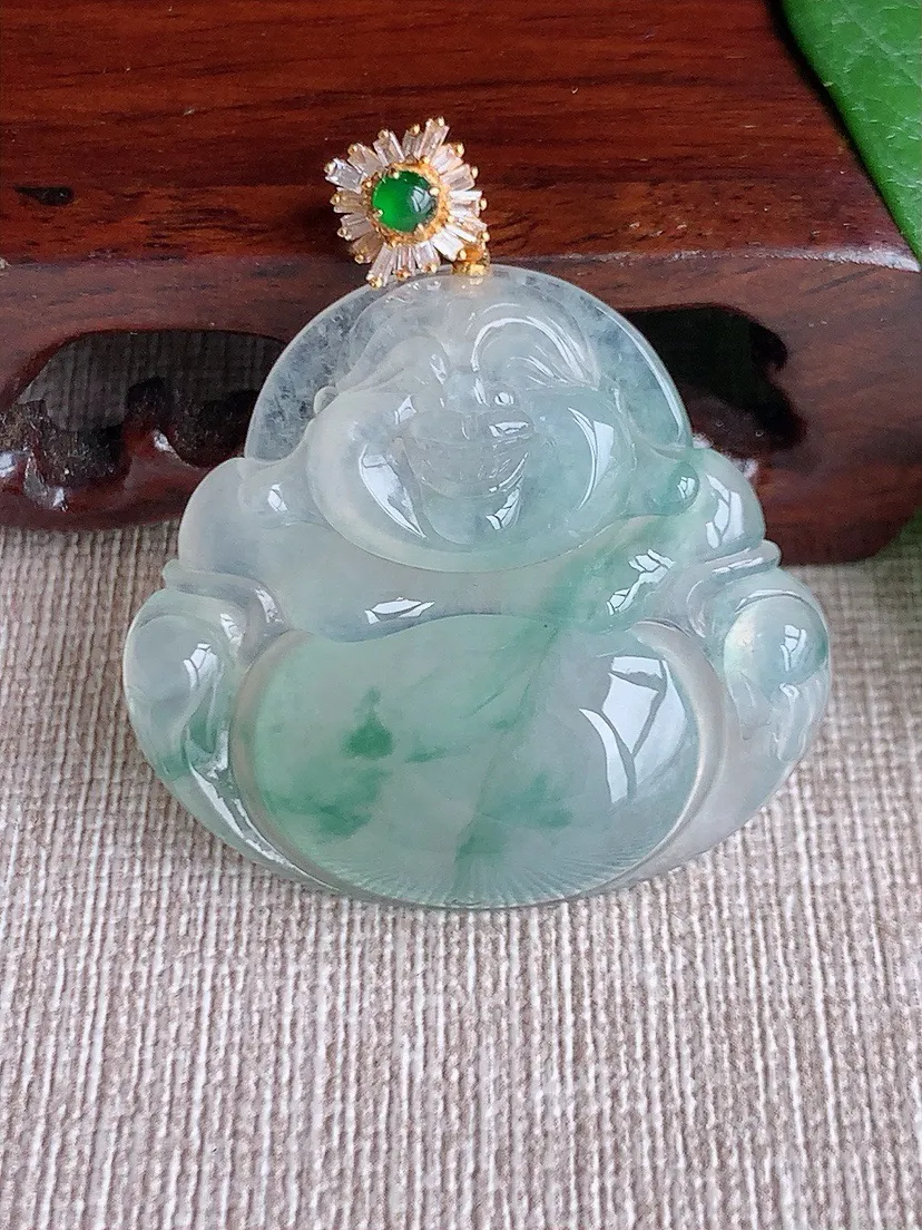a货翡翠老坑冰种18K金伴钻镶嵌飘花佛公吊坠 尺寸43×33×36.6×6.4mm 重量12.96g