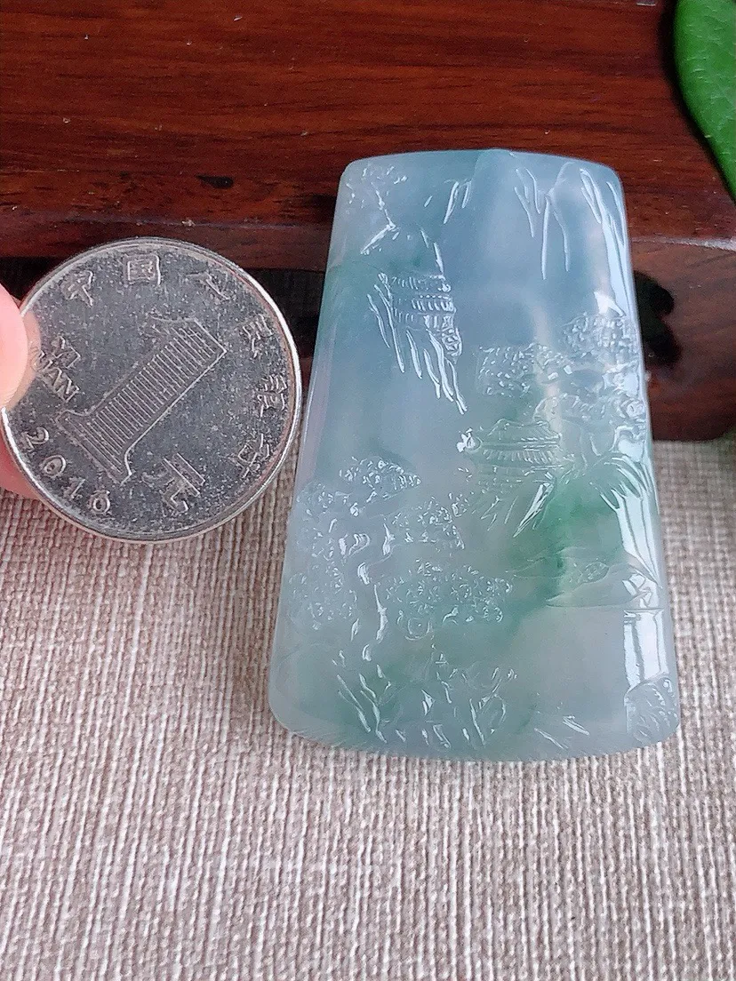 a货翡翠老坑冰种紫底飘花意境山水牌吊坠 尺寸49.3×32.3×5.4mm 重量22.76g 0603