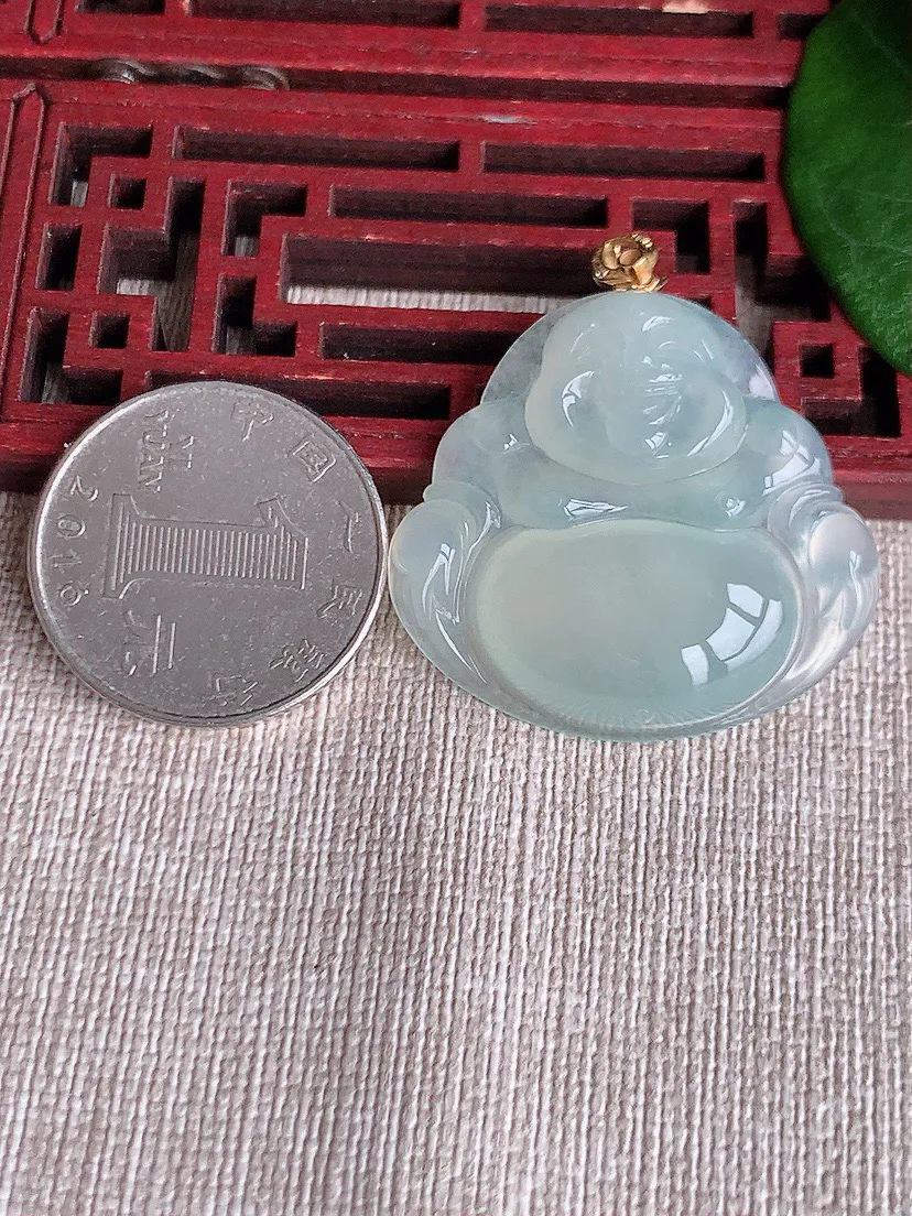 a货翡翠老坑冰种18K金扣头晴水佛公吊坠 尺寸32×34.3×6.3mm 重量10.88g 0603