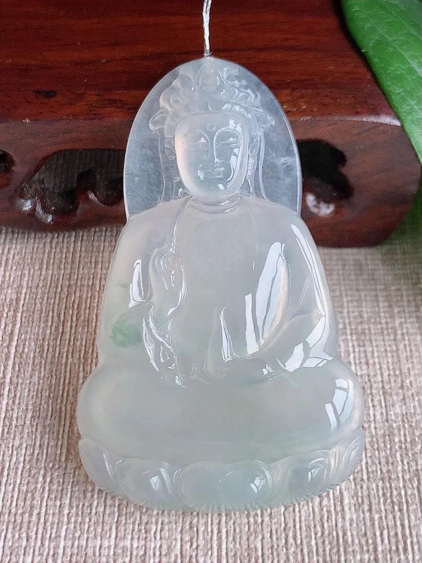 a货翡翠老坑冰种飘花素衣观音吊坠 尺寸56×34×5.2mm 重量19.32g 0603