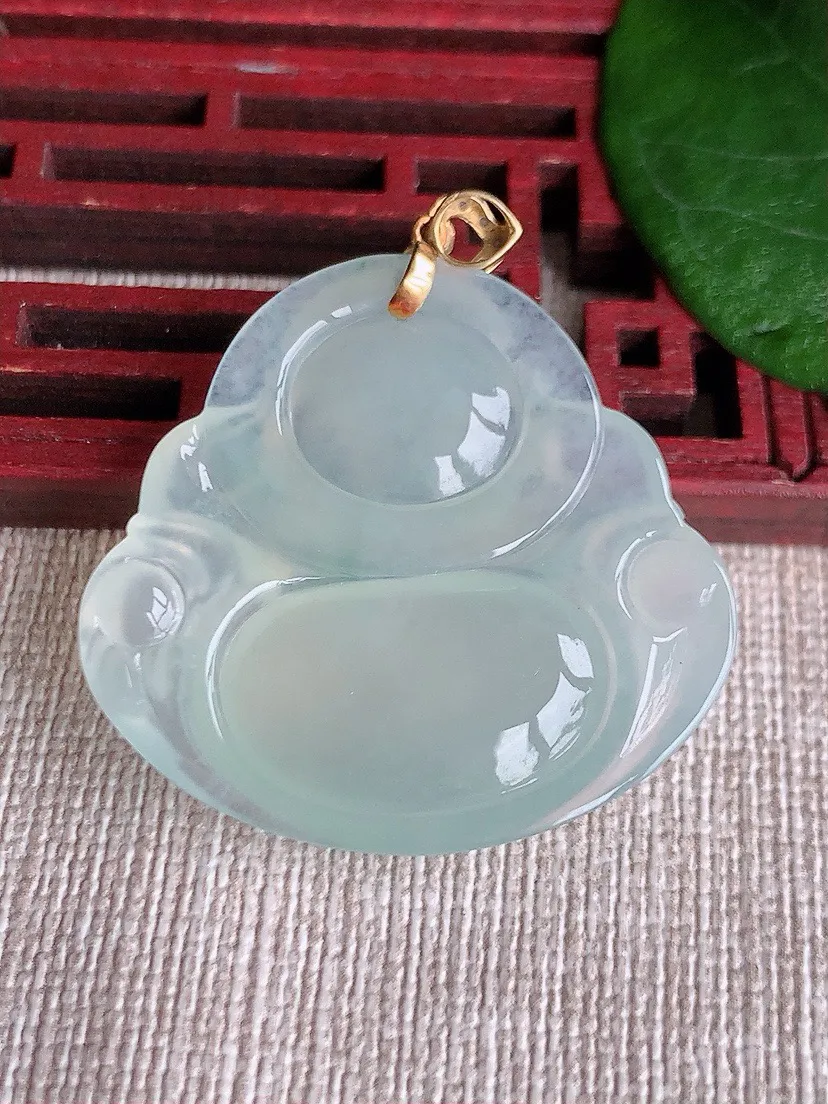 a货翡翠老坑冰种18K金扣头晴水佛公吊坠 尺寸32×34.3×6.3mm 重量10.88g 0603