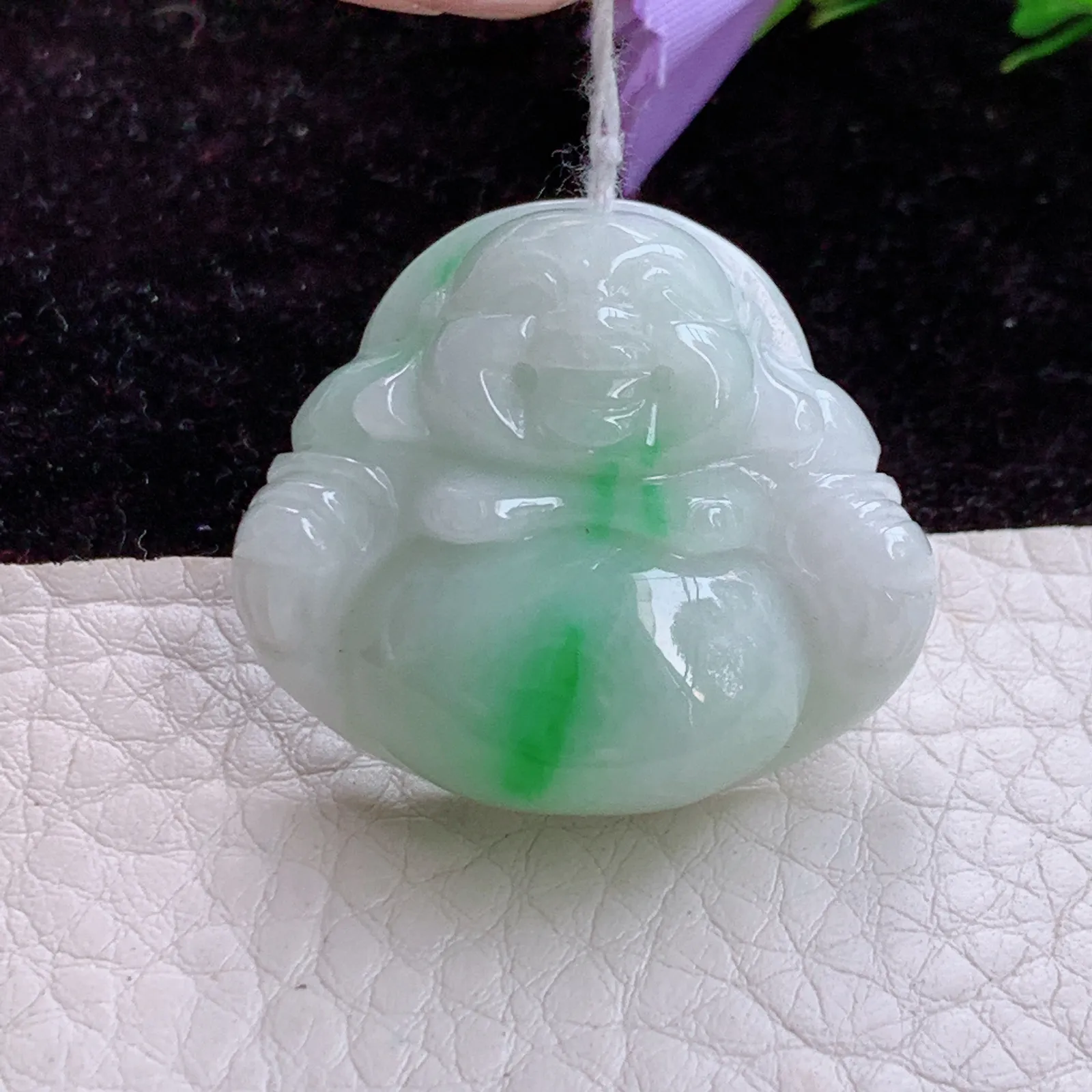 Zen实拍26.9*30.4*10缅甸翡翠飘绿小佛公 开心佛玉吊坠 玉挂件