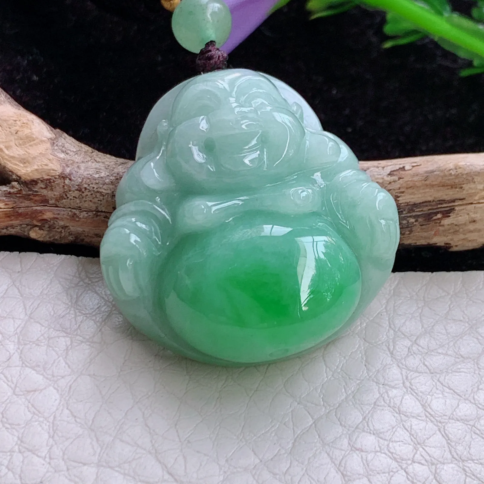 Zen实拍32*30.5*11.8缅甸翡翠辣阳绿佛公 开心佛玉吊坠 玉挂件