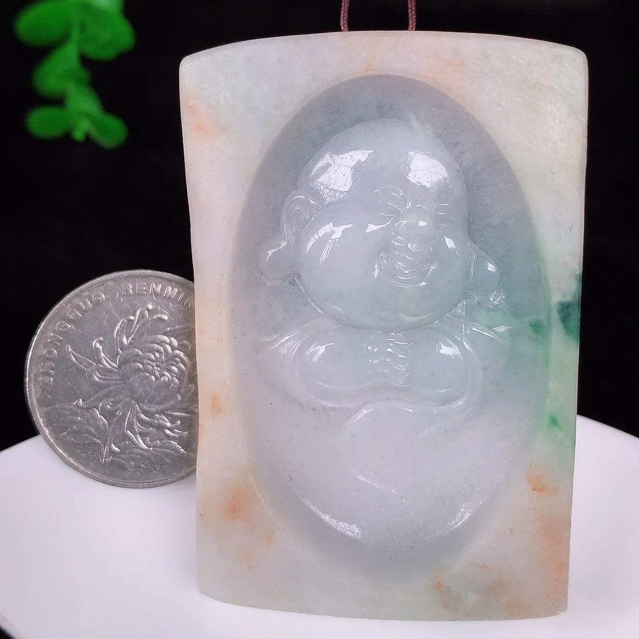 自然光实拍，大件冰糯种双彩翡翠逍遥布袋佛吊坠，代代有钱，水足丰盈，盈满欢喜，配戴送礼佳品！#60.1