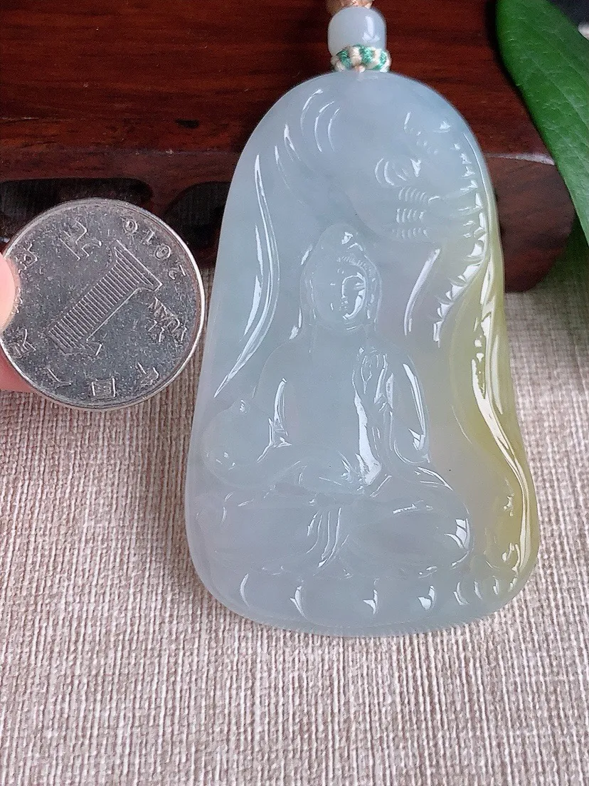 a货翡翠老坑冰种飘黄翡普贤菩萨吊坠 尺寸68.7×40.2×5.3mm 重量39.16g 0603