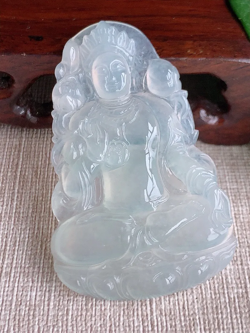 a货翡翠老坑冰种白月光度母观音吊坠 尺寸54.5×35×5mm 重量16.70g 0603