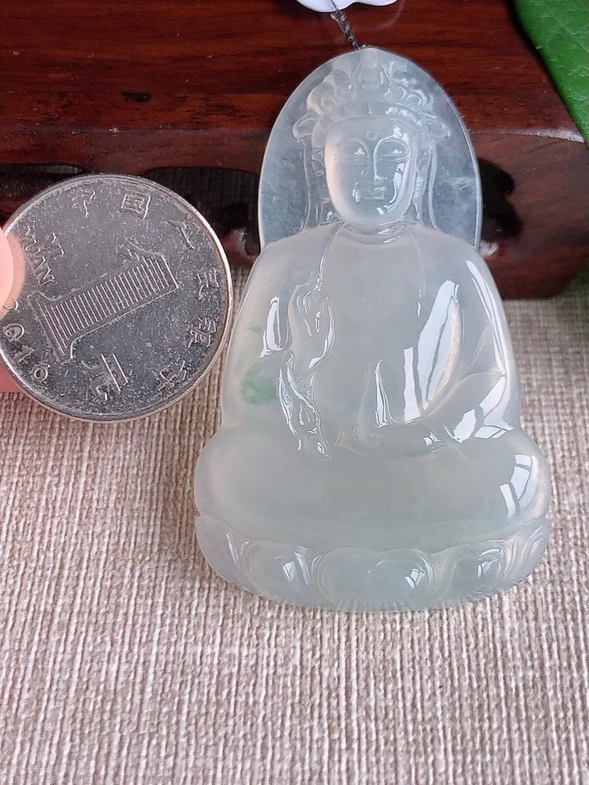 a货翡翠老坑冰种飘花素衣观音吊坠 尺寸56×34×5.2mm 重量19.32g 0603