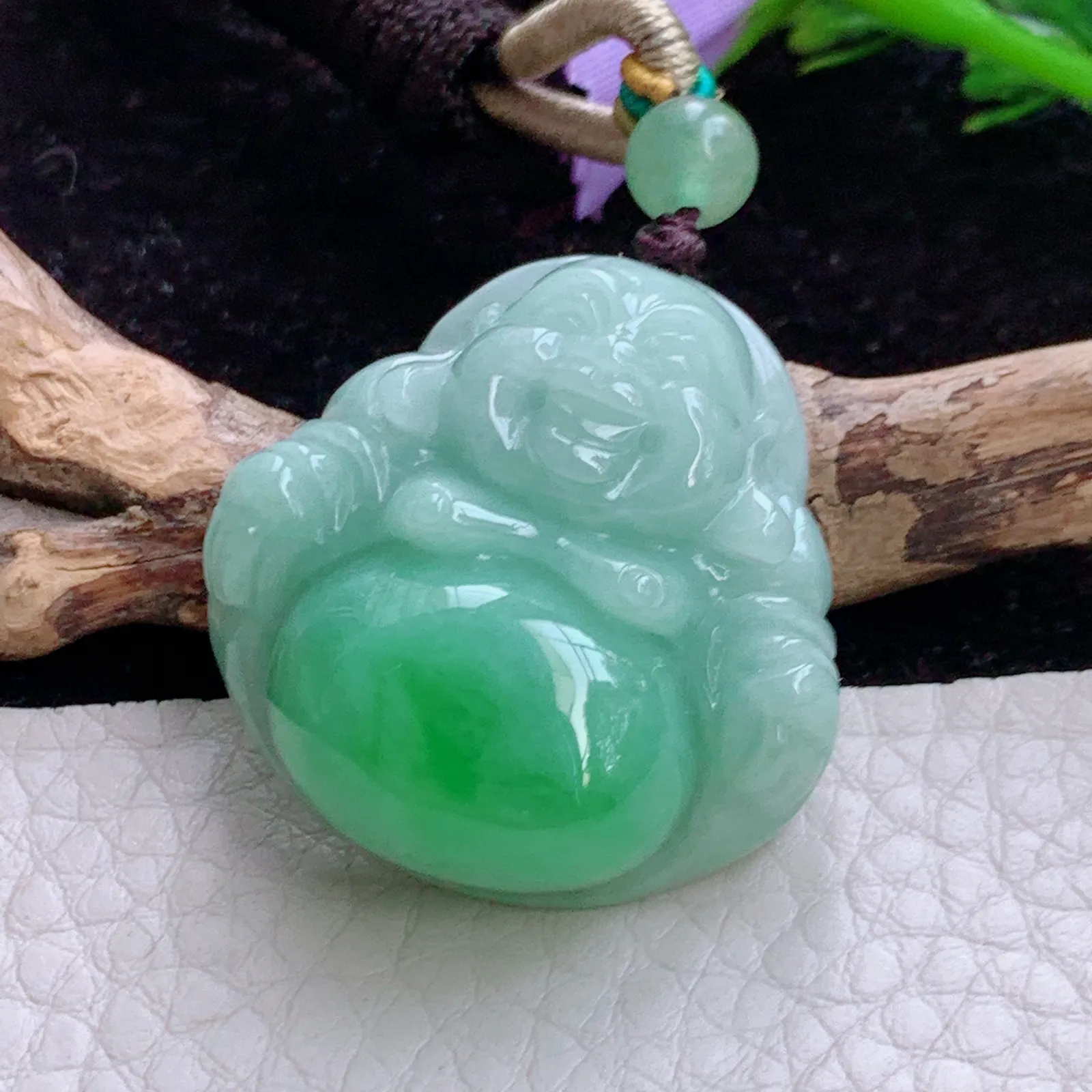 Zen实拍32*30.5*11.8缅甸翡翠辣阳绿佛公 开心佛玉吊坠 玉挂件