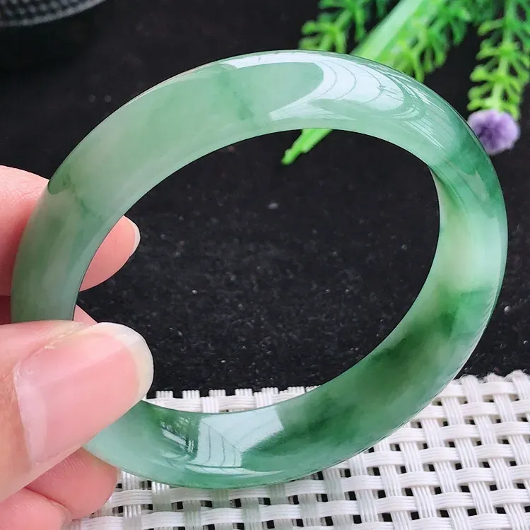 自然光52圈口老坑精美冰润满色飘花手镯翡翠玉镯尺寸52/13.5/7