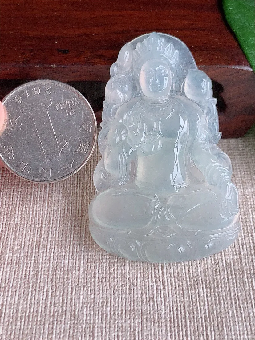 a货翡翠老坑冰种白月光度母观音吊坠 尺寸54.5×35×5mm 重量16.70g 0603