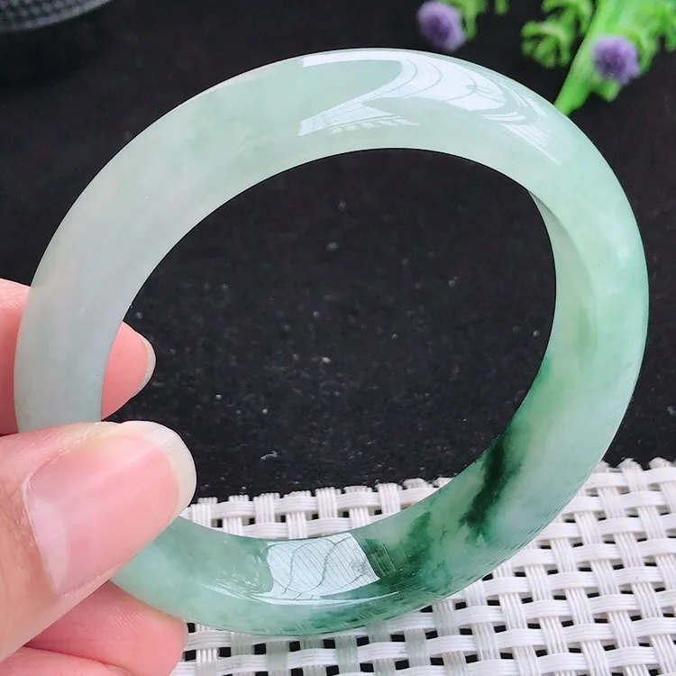 自然光55圈口老坑精美冰胶飘花手镯翡翠玉镯尺寸55/13/8.2