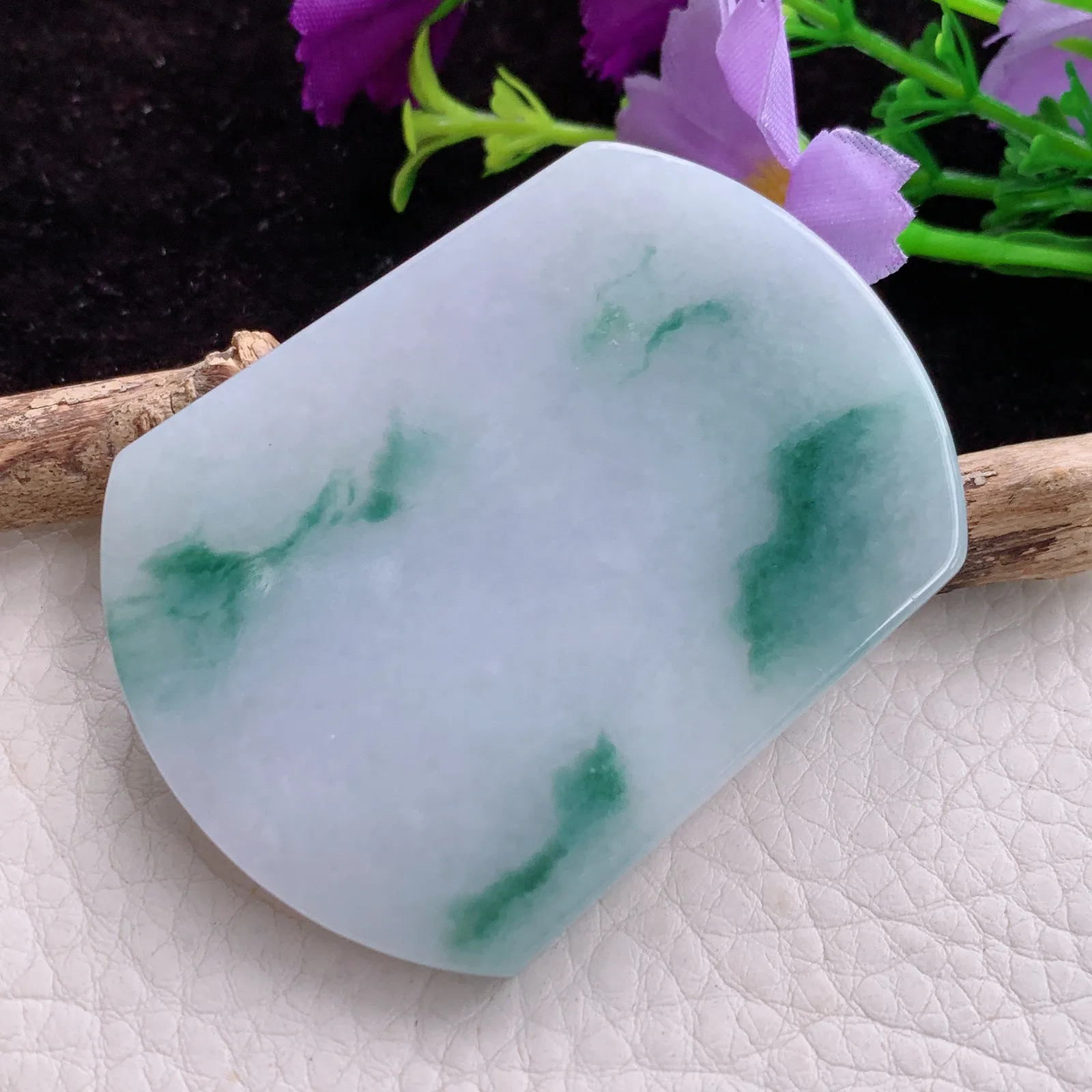 Zen实拍57*43.3*5.8天然翡翠飘花平安无事牌 素面牌玉吊坠 玉挂件