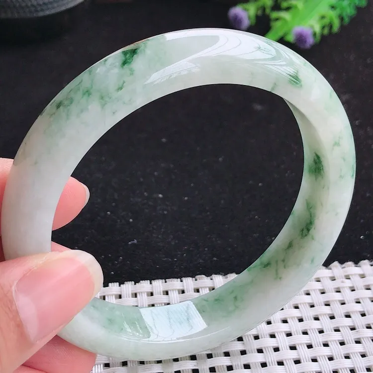 自然光62大圈口老坑精美飘花手镯翡翠玉镯尺寸62/13.5/9