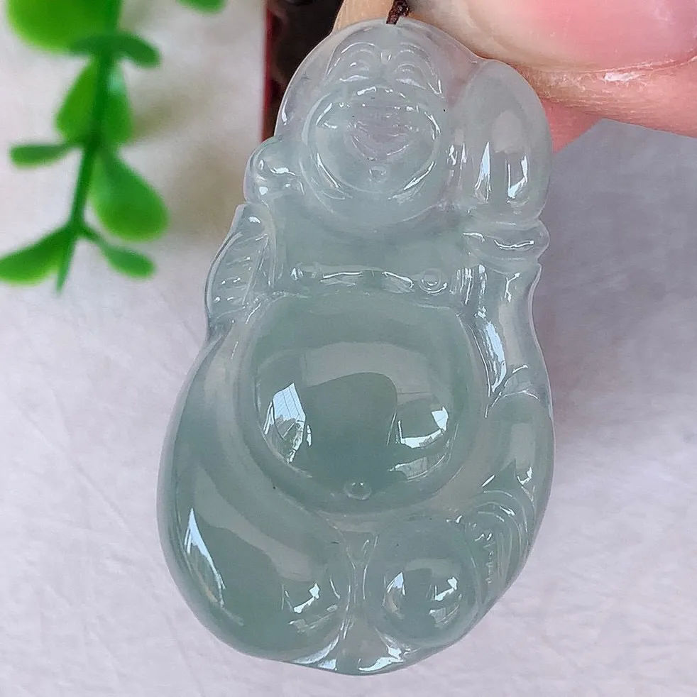 自然光实拍 冰种布袋佛翡翠挂件 代代有钱 水足丰盈 盈满欢喜  配戴送礼佳品！#147.3尺寸35*