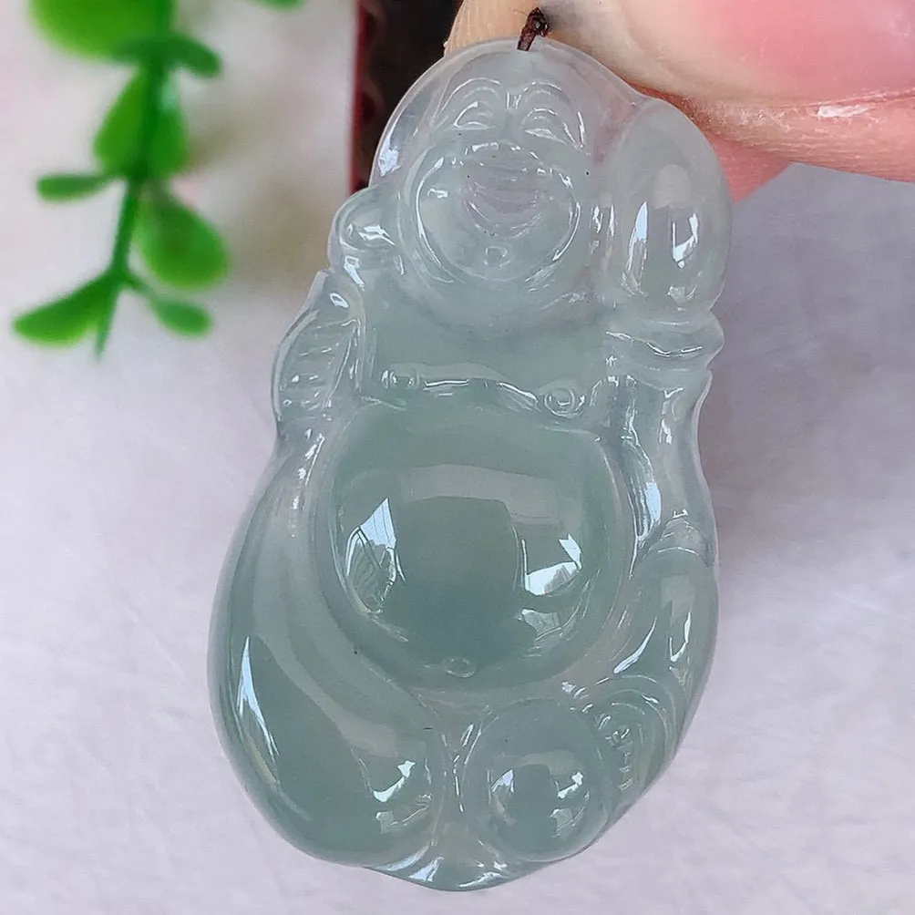 自然光实拍 冰种布袋佛翡翠挂件 代代有钱 水足丰盈 盈满欢喜  配戴送礼佳品！#147.3尺寸35*21*5.2mm