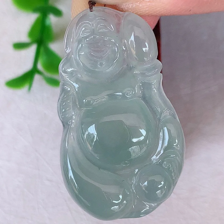 自然光实拍 冰种布袋佛翡翠挂件 代代有钱 水足丰盈 盈满欢喜  配戴送礼佳品！#147.3尺寸35*21*5.2mm