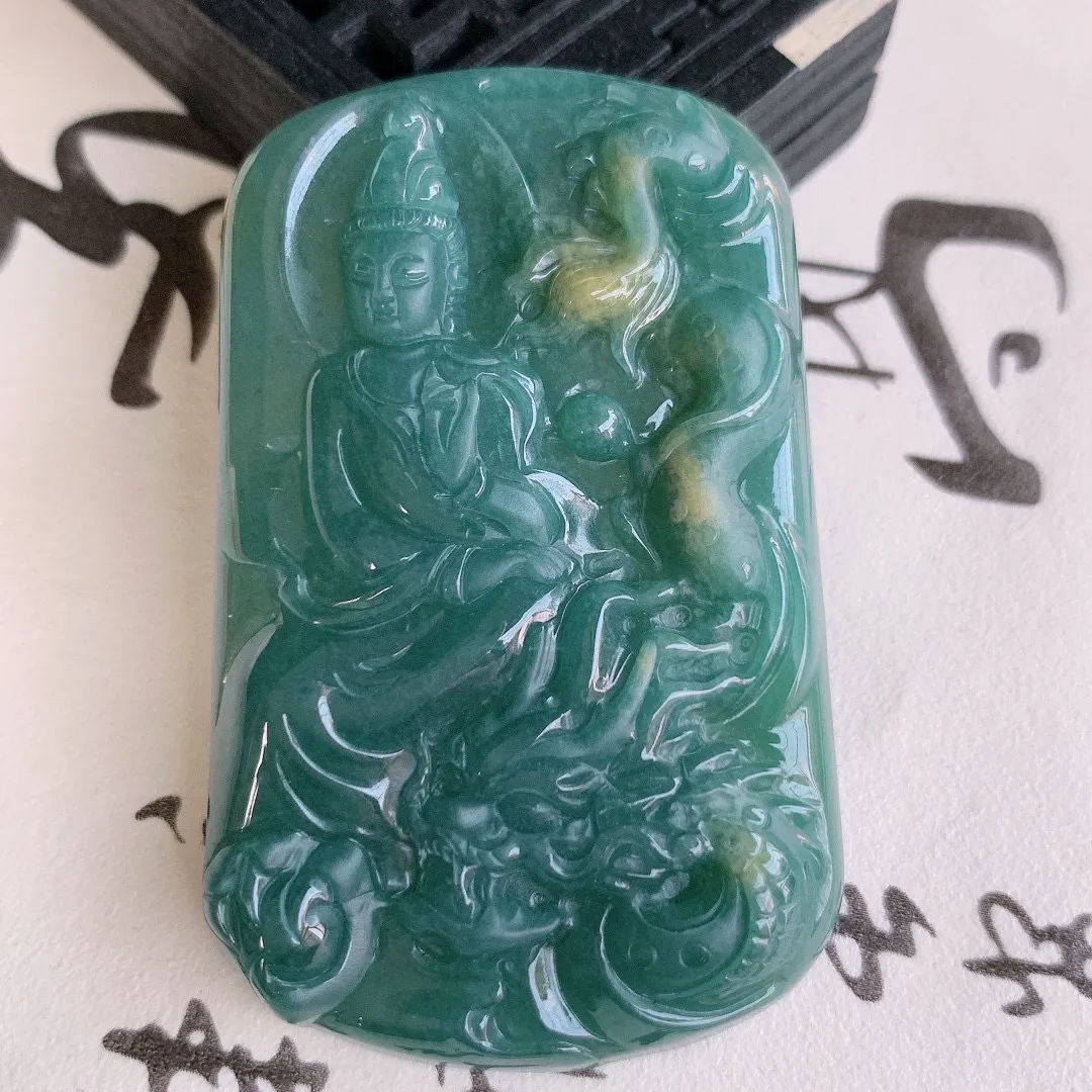 自然光实拍 冰润双彩俏色翡翠祥龙观音吊坠， 种老水足 雕工精致 慈祥端庄 美观亮丽#639.2尺寸5