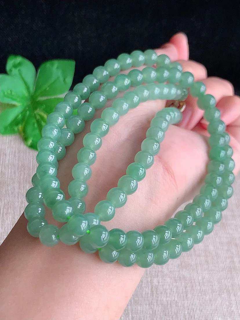 a货翡翠老坑冰种满绿圆珠项链毛衣链108颗 尺寸6.6mm 重量66.70g 0604