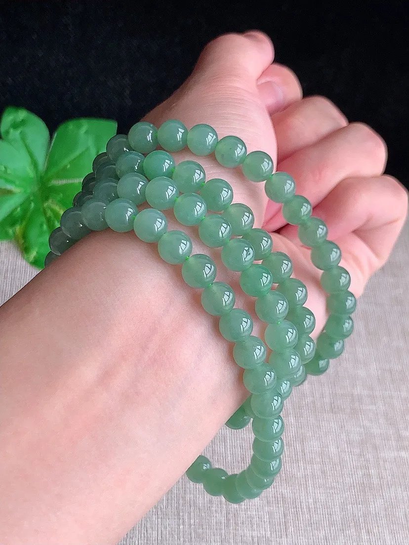a货翡翠老坑冰种满绿圆珠项链毛衣链108颗 尺寸6.6mm 重量66.70g 0604