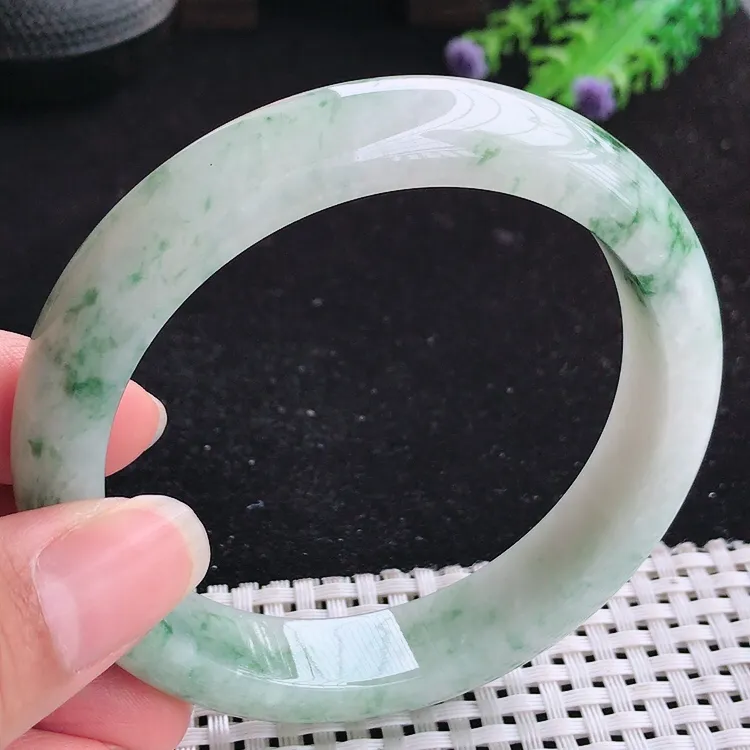 自然光62大圈口老坑精美飘花手镯翡翠玉镯尺寸62/13.5/9