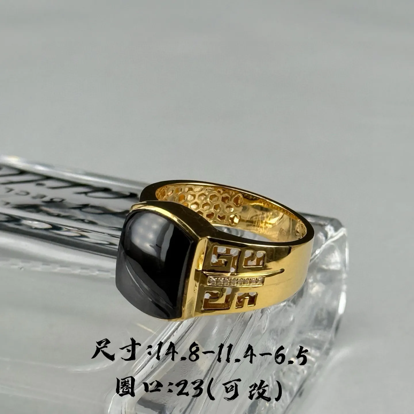 精品18k墨翠男戒 种好色正 黑度极好 打灯通透 油性十足 尺寸14.8