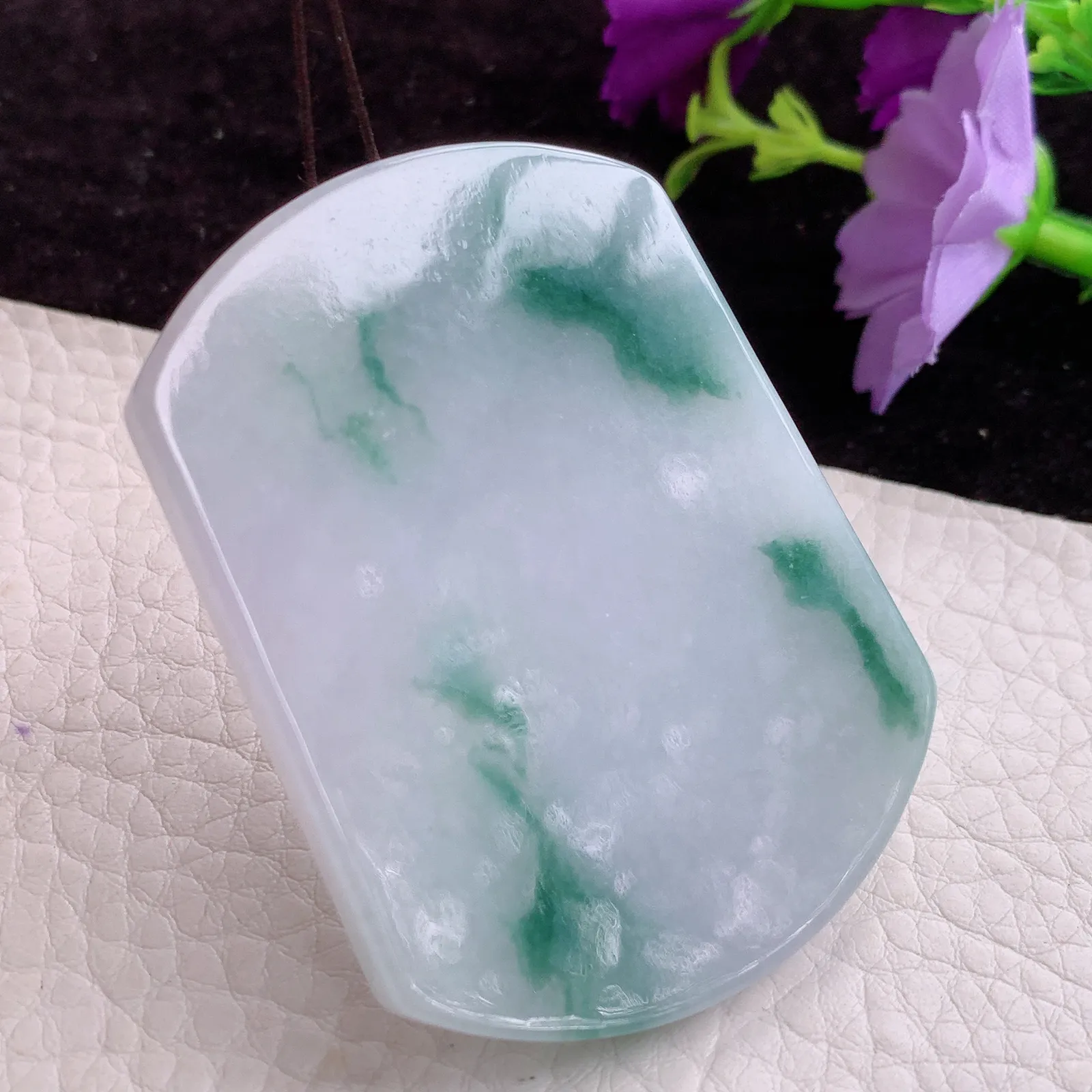 Zen实拍57*43.3*5.8天然翡翠飘花平安无事牌 素面牌玉吊坠 玉挂件